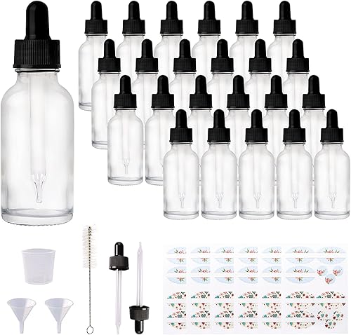 Comrzor 24 botellas de vidrio transparente con cuentagotas de cristal para aceites esenciales perfumes y productos químicos de laboratorio cepillo