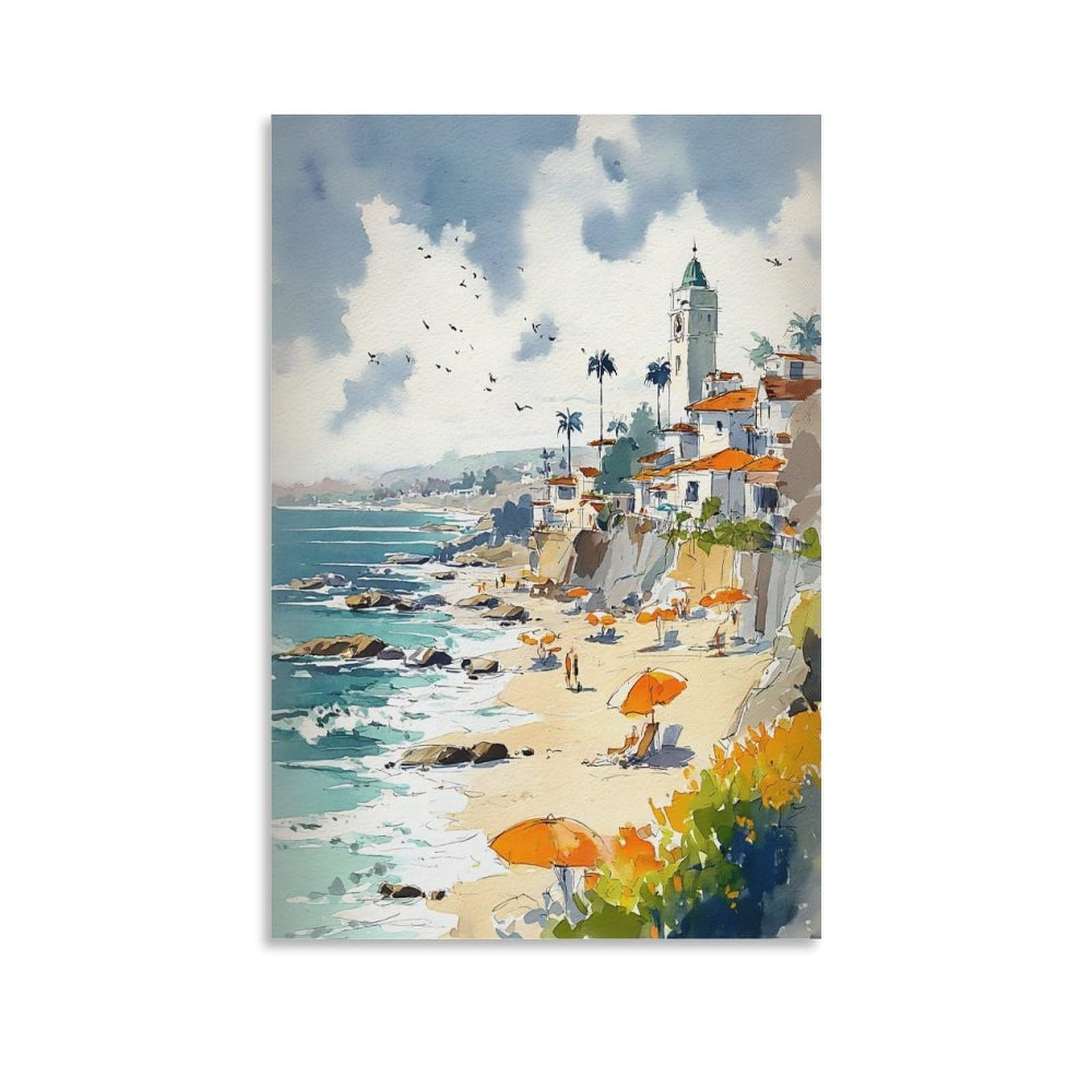 LCYNNH Corona Del Mar Watercolor Painting Newport Beach Coastal Art 20x30inch(50x75cm) Print Home Bedroom Office Living Room Decor Canvas