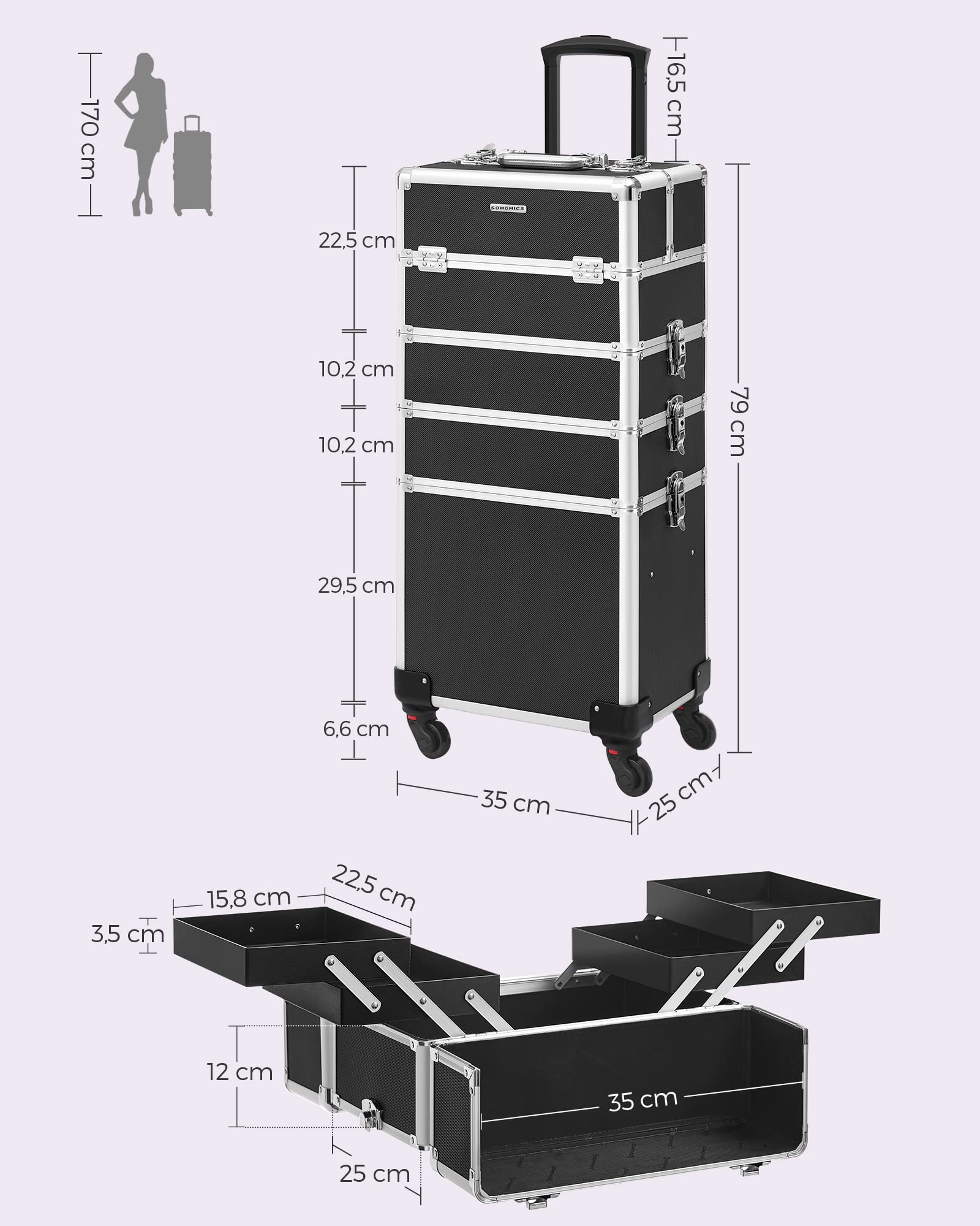 SONGMICS Valigetta Trucchi, Valigia Porta Trucchi 4 in 1, Grande, Trolley Make Up, Beauty Case da Viaggio, 35 x 25 x 79 cm, con Serratura, Ruote Girevoli a 360°, Idea Regalo, Nero JHZ11BK