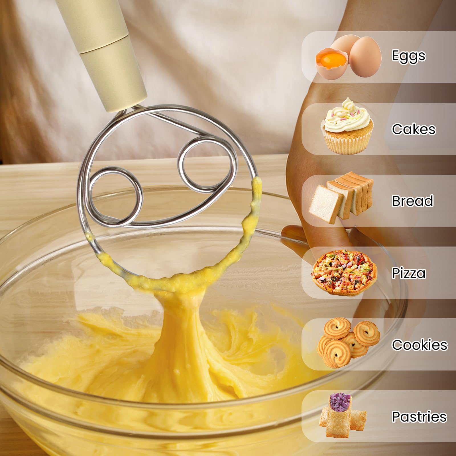Batidor de masa danés, gancho de acero inoxidable, mango de plástico, mezclador de cocina para pan, pizza, pastelería