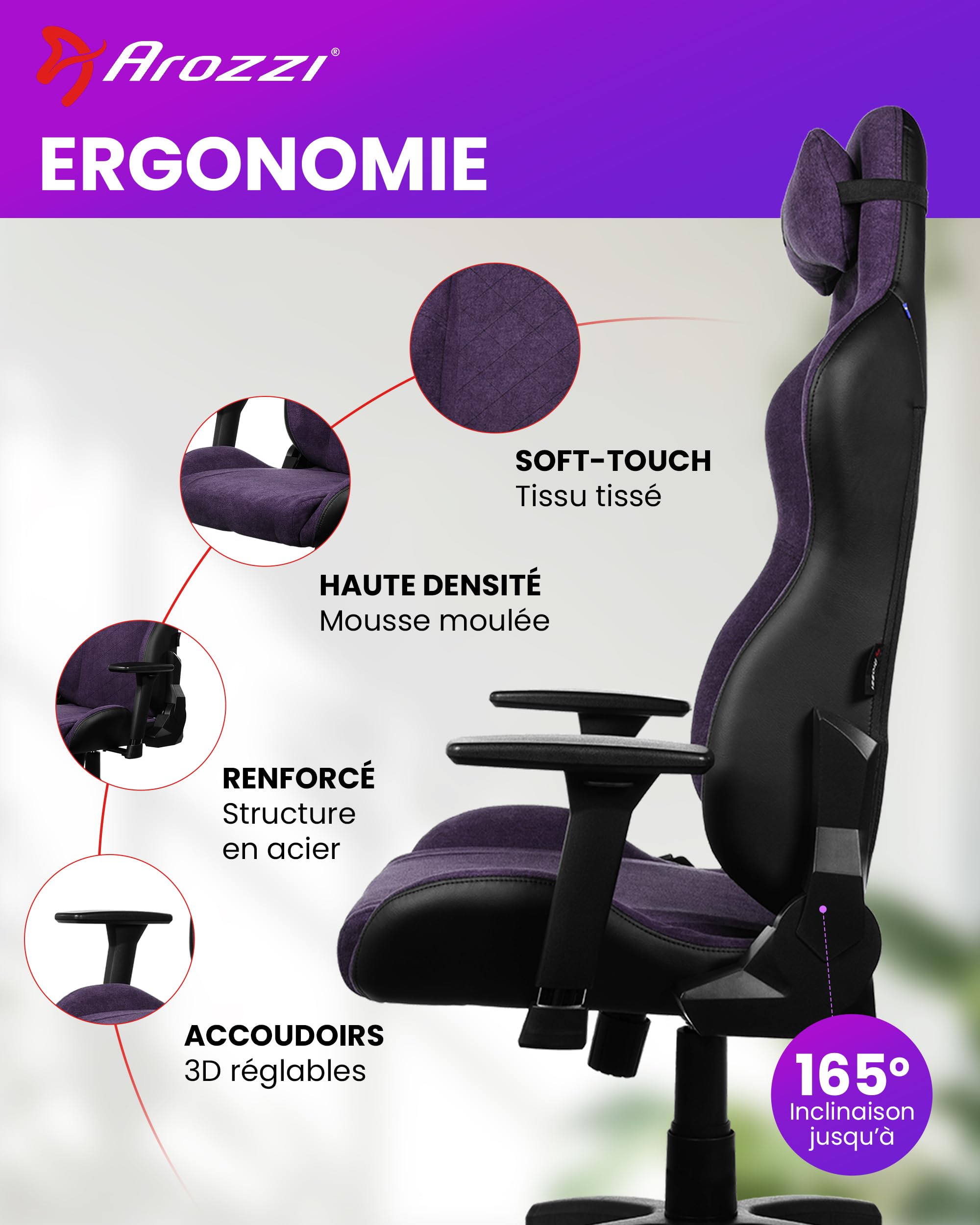 Arozzi Avanti Chaise Gaming Tissu Doux Violet | ergonomique, réglable en hauteur, dossier & accoudoirs, coussin de tête, design suédois, télétravail