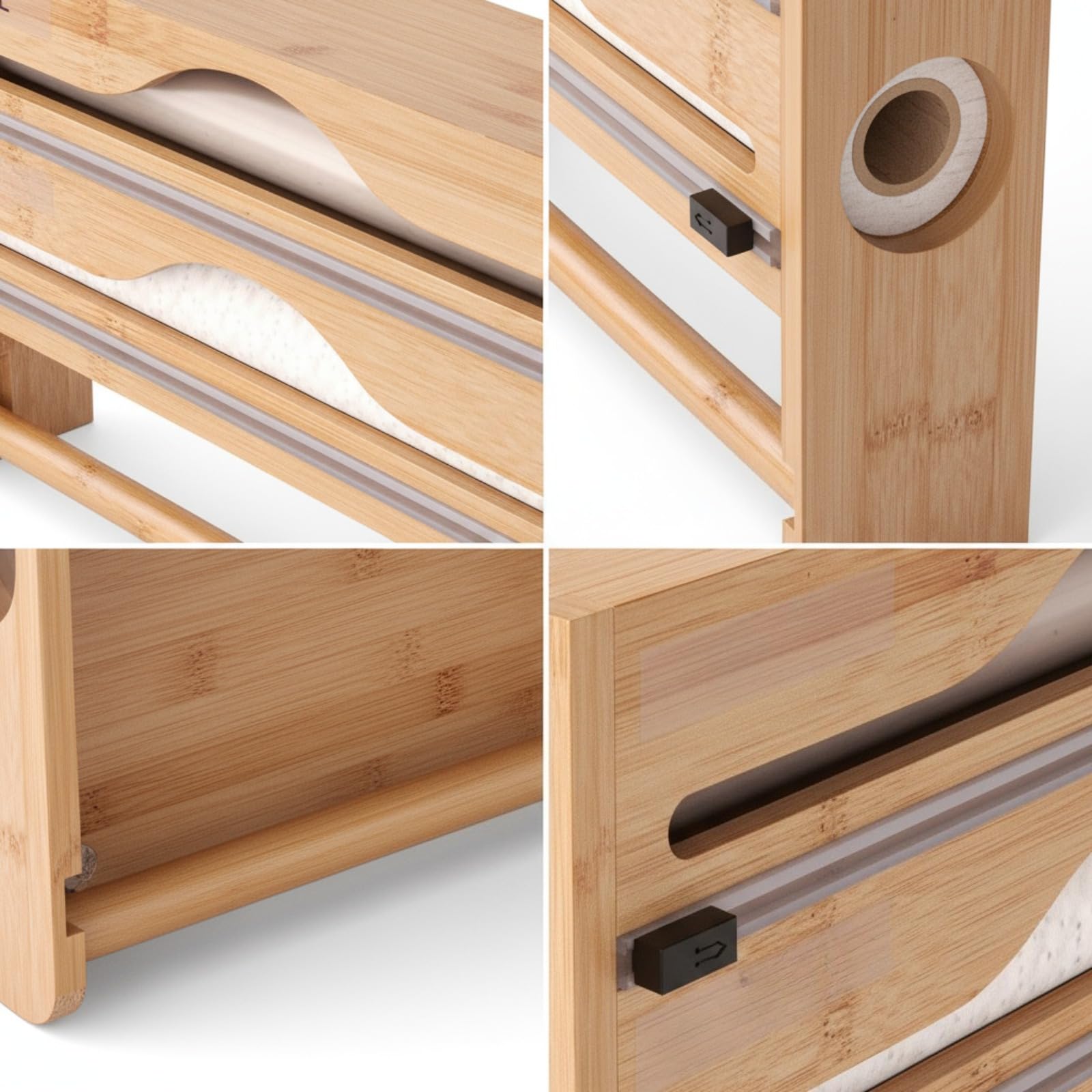 Küchenrollenhalter ohne Bohren – 2-in-1 Bambus Folienabroller mit Papierhalter, Wandmontage, Rundöffnung 5cm, Abnehmbarer Halter für Küchenrolle, Folie & Aufbewahrung (Naturfarbe)