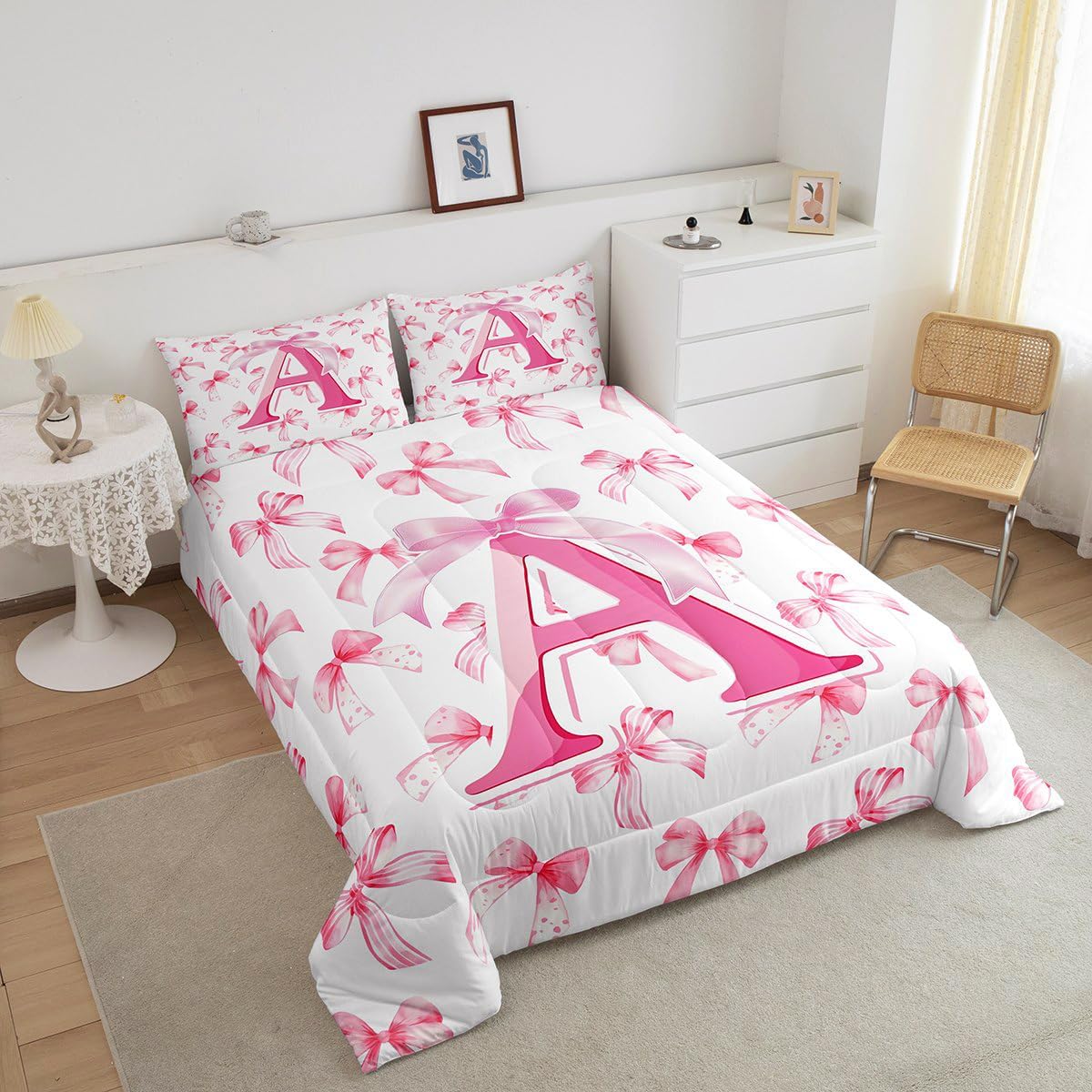 jejeloiu Kids Girls Cute Pink Bow Comforter Set Twin Size Monogrammed Bedding Set Ultra Soft Personalized Initial A Duvet Quilt Coquette Bow Knot Quilt Set Room Decor Modern Fashion Comforter