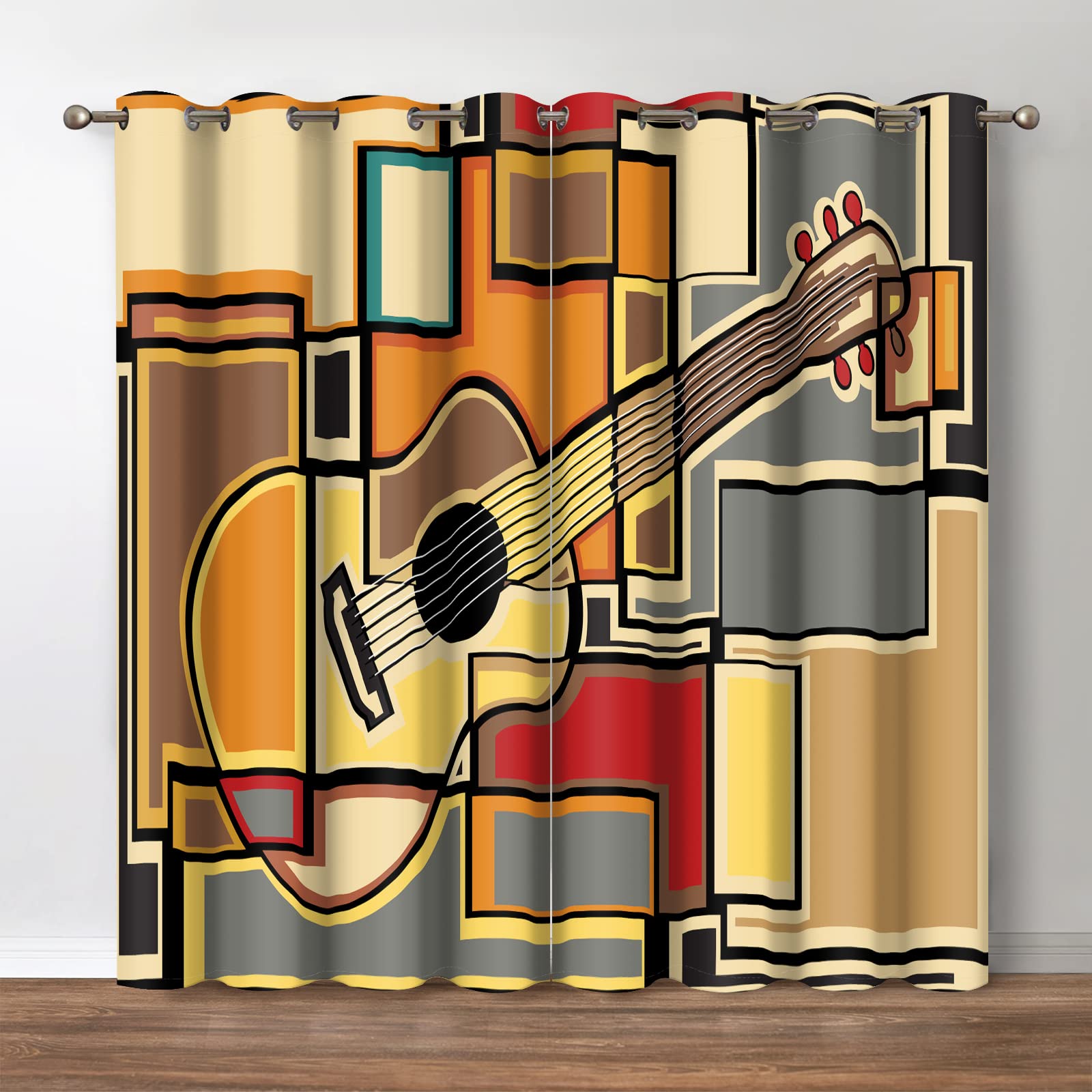 Jekeno Music Guitars Blackout Curtains - Geometric Square Shaped Splicing Background Print Darkening Window Drapes Decor Bedroom Home Living Room