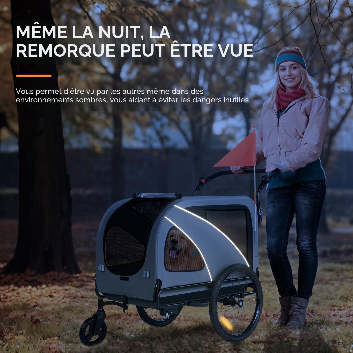 SEPNINE 2-en-1 XXL Remorque de Vélo pour Chien avec Ouverture de Toit, Réflecteurs et Bandes Réfléchissantes, avec attelage de vélo Universel, Cordes de Sécurité, Pliable, jusqu'à 50kg