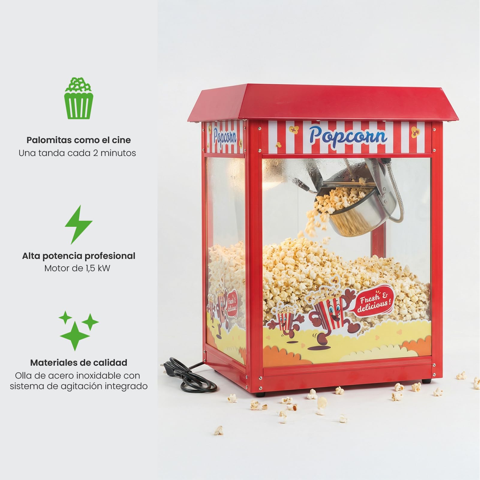 Palomitera Grande con Olla Extraíble e Iluminación, de Diseño Americano, Ideal para Fiestas y Eventos. Máquina de Palomitas con Potencia de 1350 W y Gran Capacidad.