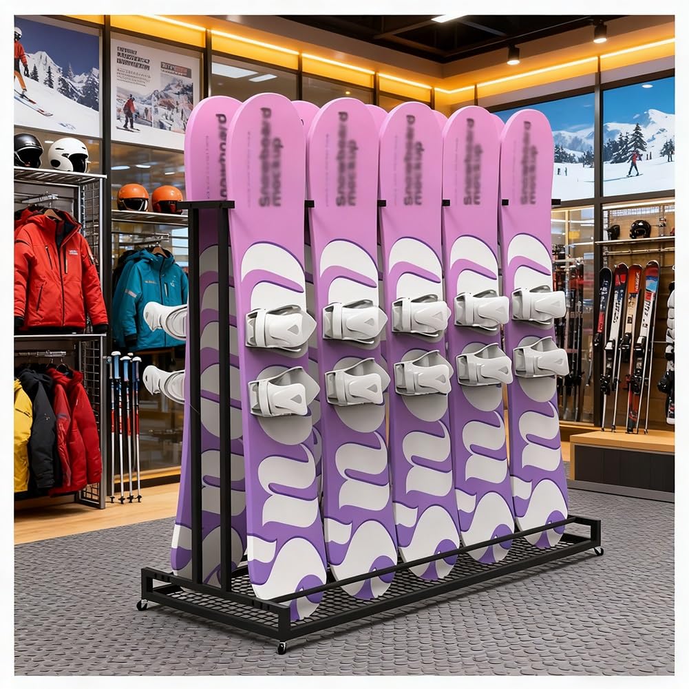Generisch Robustes Snowboard-Aufbewahrungsregal mit Rollen - Ski-Präsentationsständer aus Metall für Zuhause, Garage oder Skigebiet - Standbarer Ski-Musterboard-Organizer (62x60x120 cm)