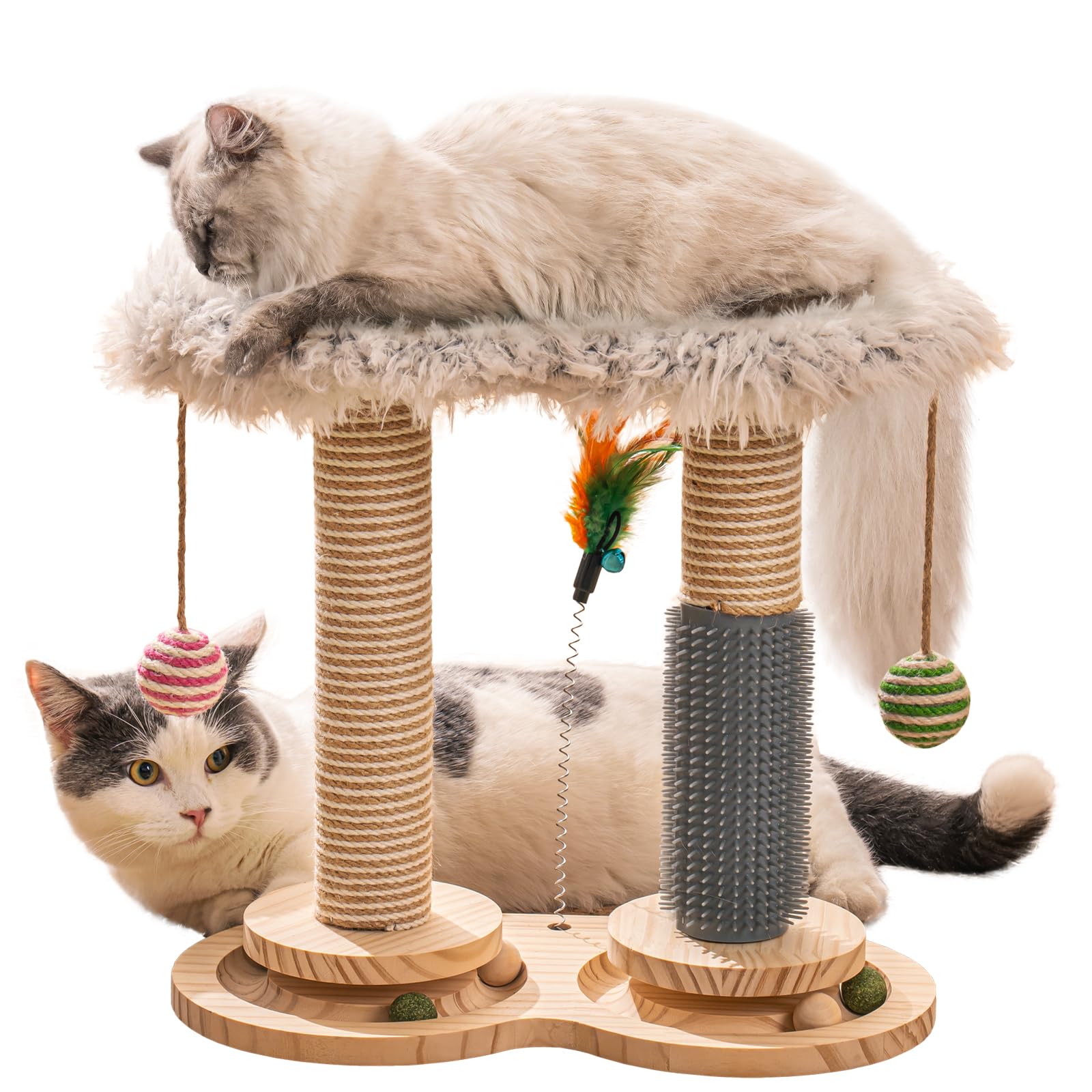 MEWOOFUN Scratching Post for Indoor Cats Interactive Kitten Toys, Cat Toy with Solid Wooden Base Small Perch, Self Groomer, Track Ball, Small Scratcher Post Funny Cat Scratch Pole 46cm (Grey)