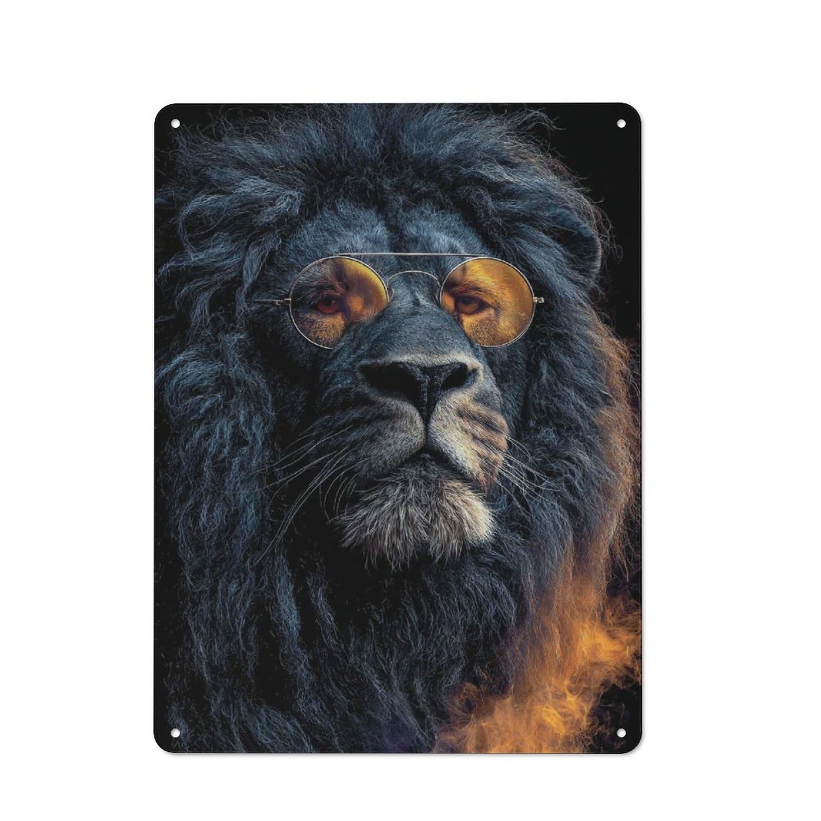 Character Decorative Tin Plaque 40x30cm Featuring Lion with Sunglasses Portrait, Home Wall Decor for Flat, Dorm Room, Lounge Or Cafe