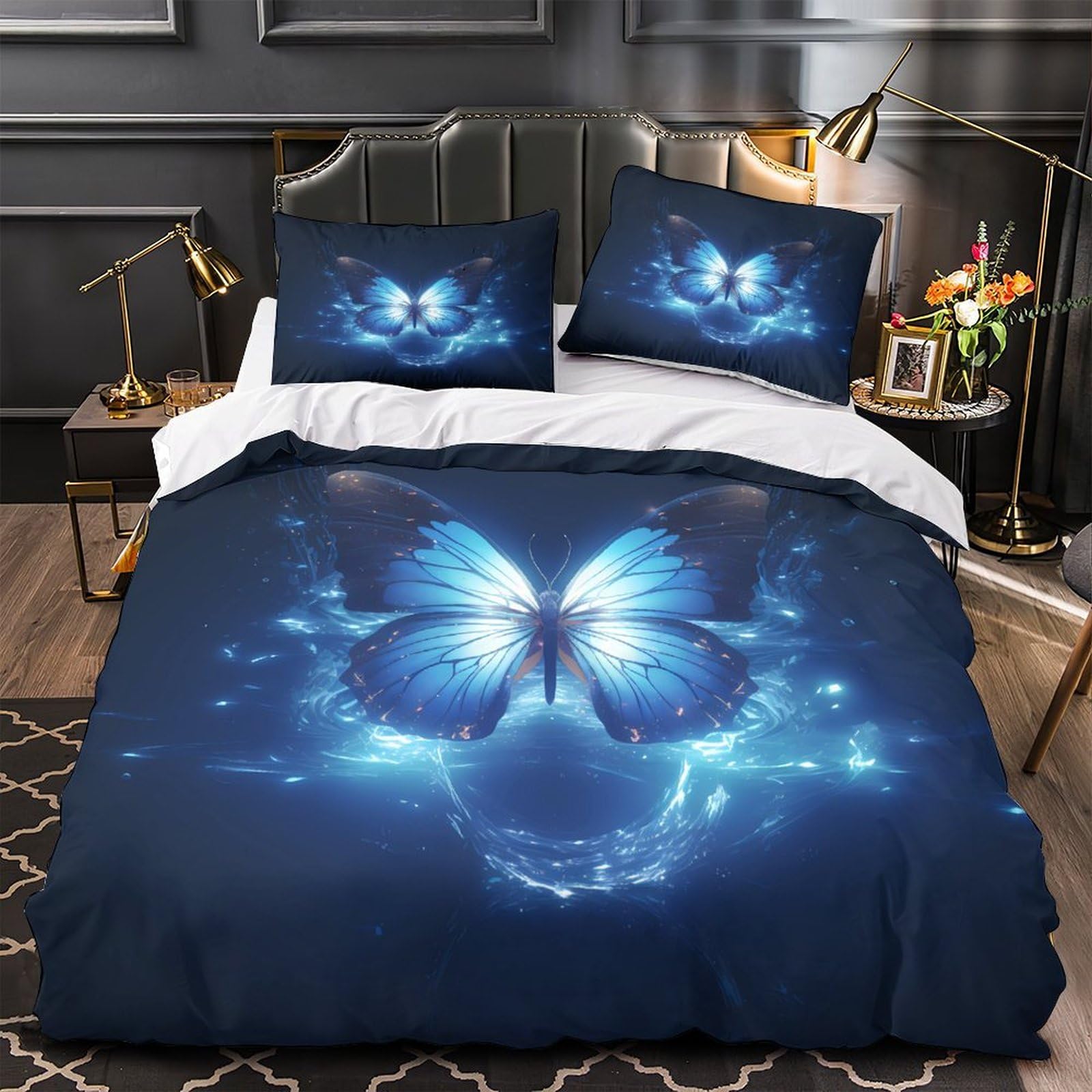 Housse de couette 135x200 papillon bleu lit 1 place parure de lit microfibre confort