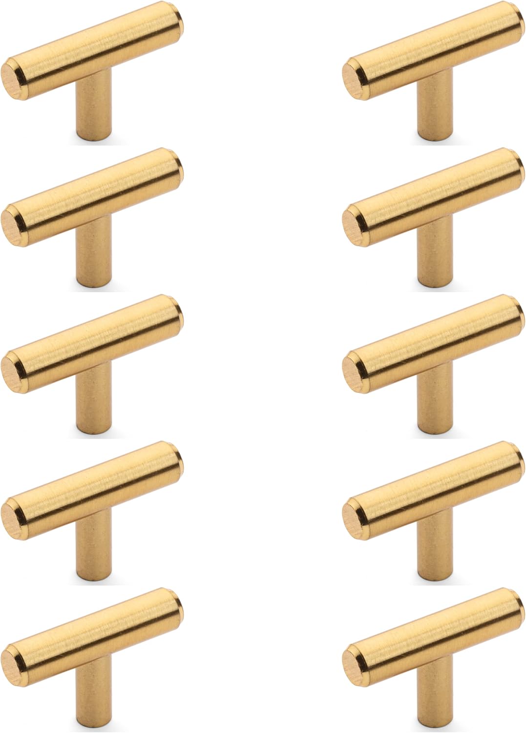10 Pack - Diversa Brushed Brass Solid Steel Euro Style T-Bar Cabinet Knob