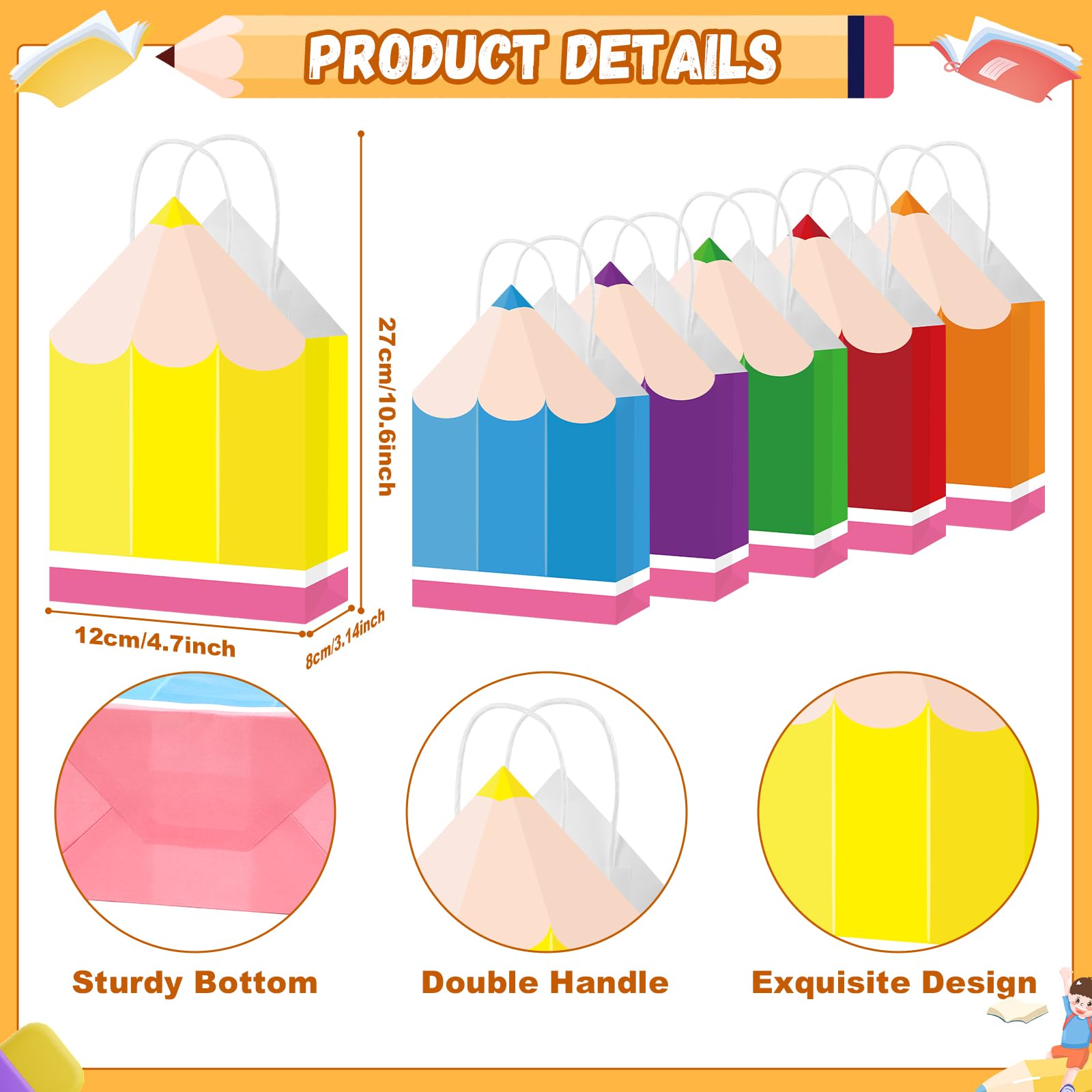 12Pcs Welcome Back to School Pencil Gift Favors Bags First Day of School Candy Boxes with Handle Pencil Goodie Treat Bag for Teacher Appreciation Kindergarten Graduation Birthday Party Supplies