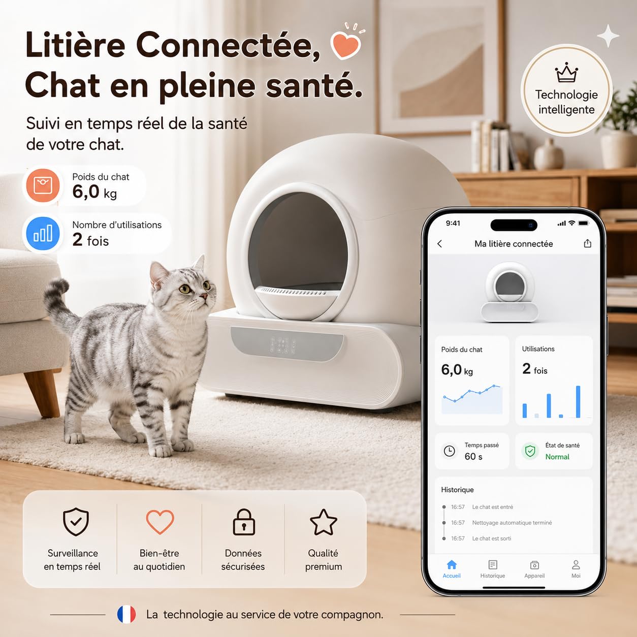 Litiere pour Chat Litiere Automatique 74L XXL, Bac à Litière Intelligent avec APP, Détecteur Infrarouge, Capteurs de Poids, Grande Capacité et Design Fermé