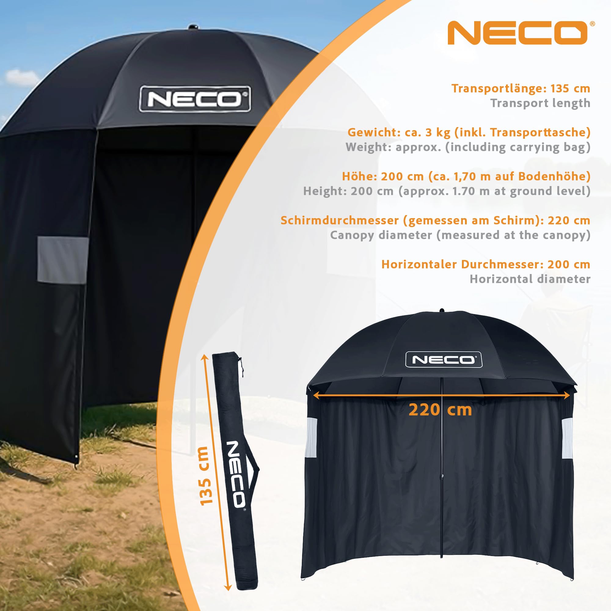 NECO Parasol Wędkarski z Bokami 220 cm 3/4 – Wodoszczelny, Dwuosobowy Namiot Parasolowy, Duży Parasol do Wędkowania, Namiot Karpiowy na Ryby i Kemping z Oknami