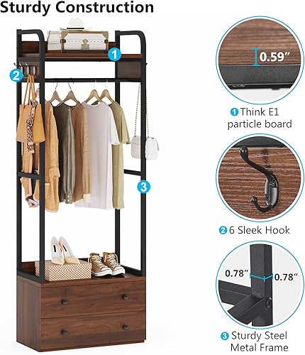 Miniatura 7 de LITTLE TREE Organizador de armario independiente de 75 pulgadas de alto, perchero pequeño con cajones y estantes, perchero pequeño y resistente para