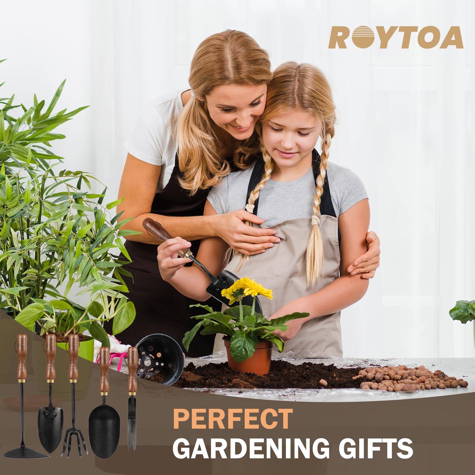 Juego de herramientas de jardín, 5 herramientas de jardinería, cultivador de mano resistente de acero inoxidable, azadas, pala, paleta y desmalezador con mango ergonómico de nogal, regalos de