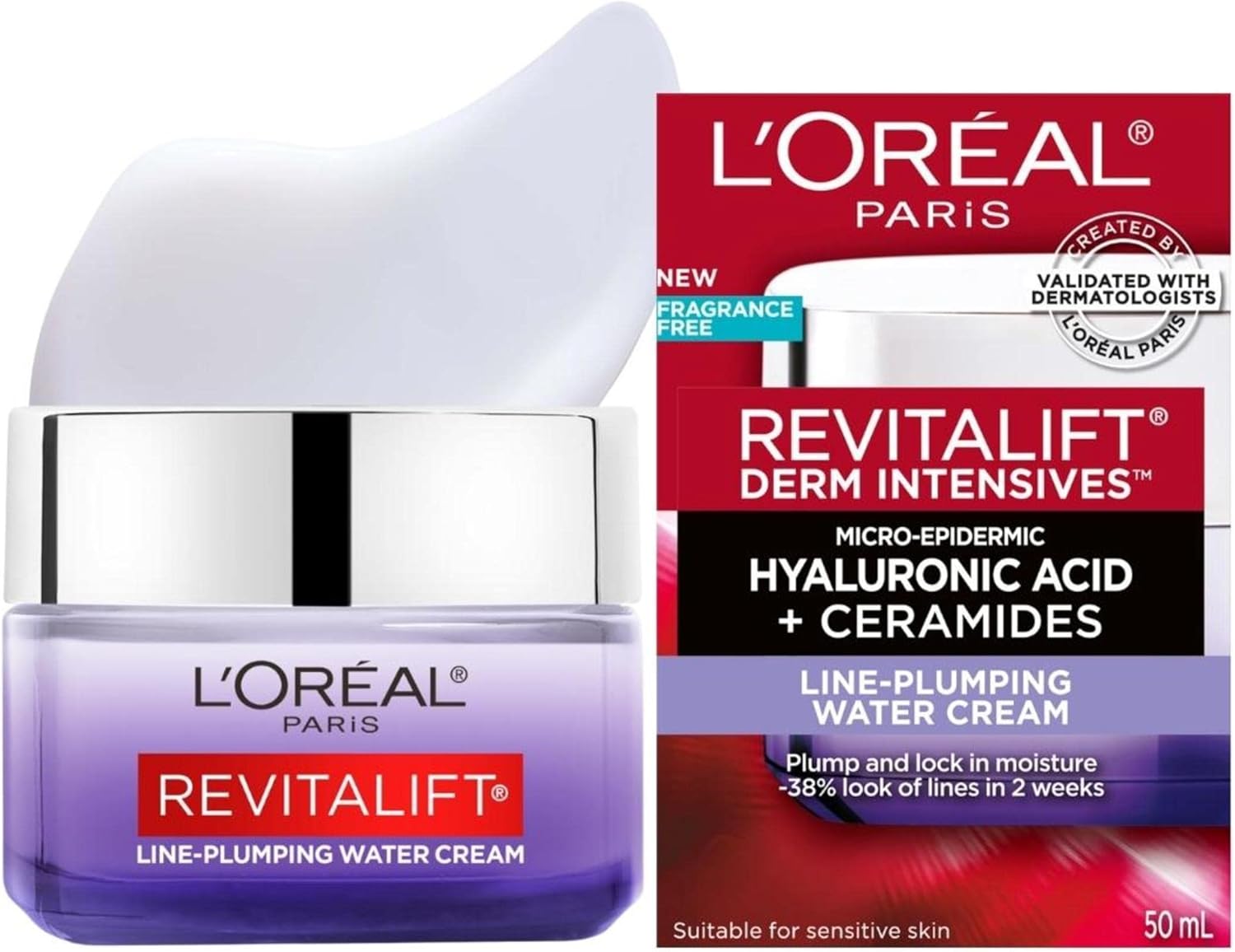 L’Oréal Paris Hyaluronic Acid + Ceramides Line-Plumping Water Cream, 24-Hour Hydration, Face Moisturizer, Reduces Look of Lines, Revitalift, For All Skin Tones & Types, Fragrance Free, Non Comedogenic, 50ml L’Oréal Paris Hyaluronic Acid + Ceramides Line-Plumping Water Cream, 24-Hour Hydration, Face Moisturizer, Reduces Look of Lines, Revitalift, For All Skin Tones & Types, Fragrance Free, Non Comedogenic, 50ml