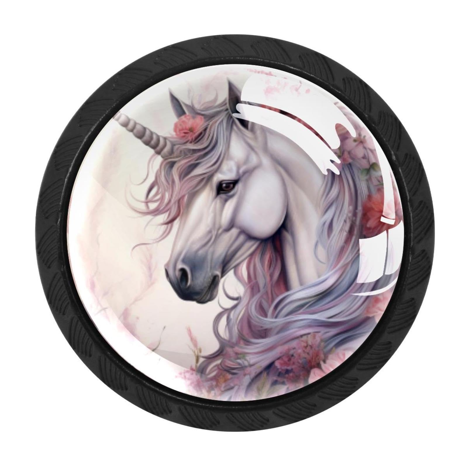 CHENZZZZ 4 Pieces Unicorn Drawer Knobs, 35mm Black Kitchen Cabinet Knobs, Drawer Pulls and Knobs, Glass Cabinet Hardware Single Hole Knob for Cabinets and Drawers Round