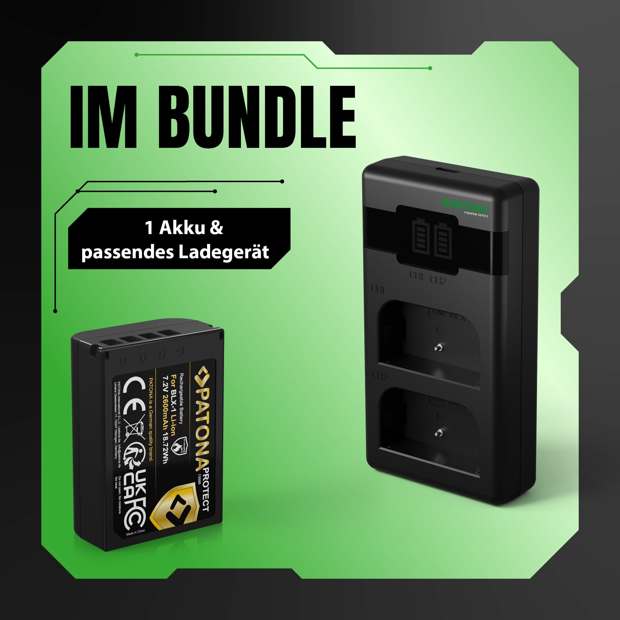 PATONA Set - BLX-1 Protect Akku 2600mAh mit PD Dual Ladegerät USB-C LCD