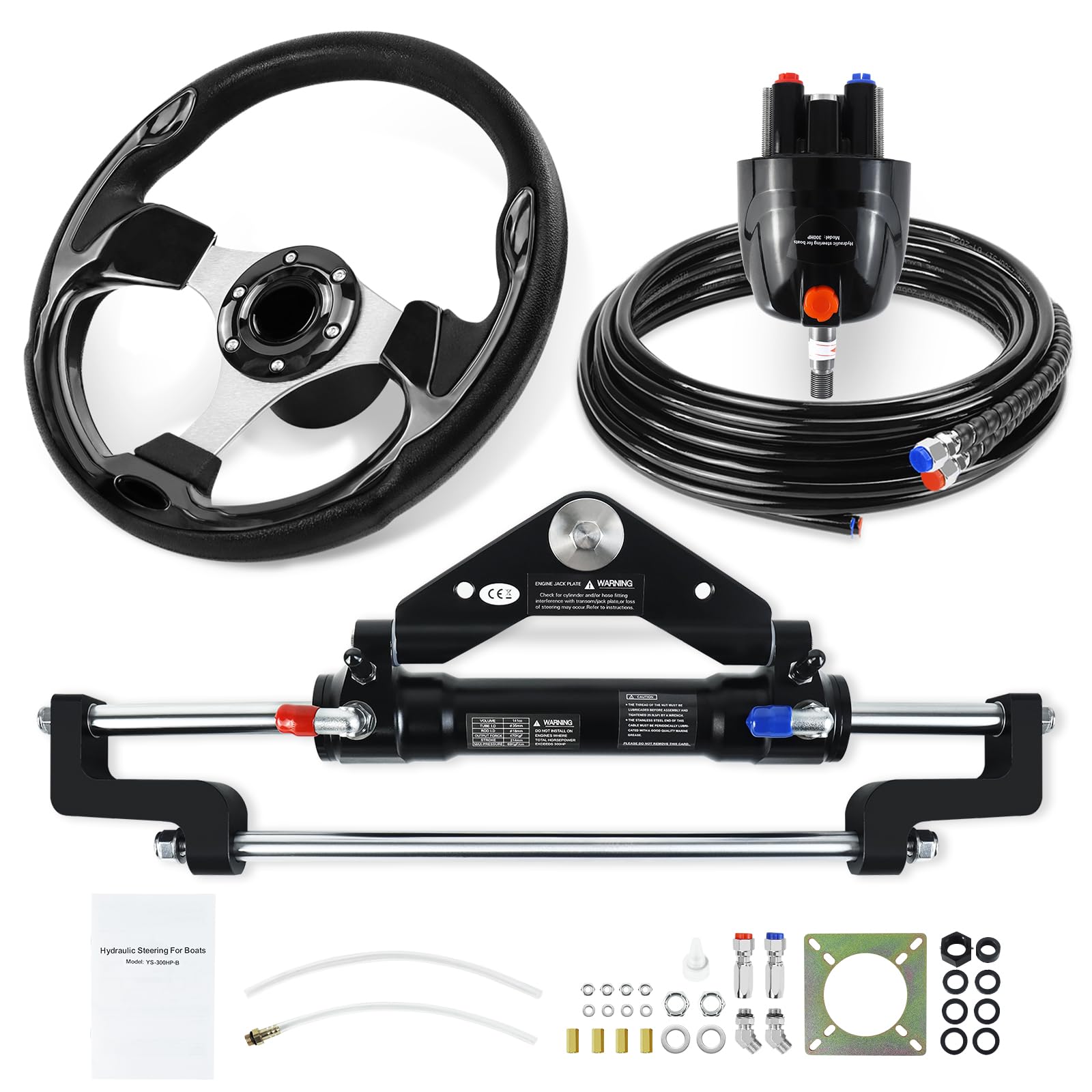 QYMOPAY 300HP Hydraulic Outboard Steering Kit, Marine Hydraulic Steering System with Bi-Directional Locking Cylinders and 26 ft High Strength Nylon Hose, Single Station, Single Engine Use