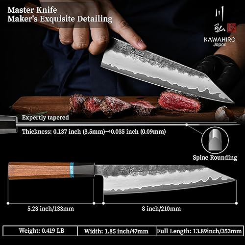 Miniatura 6 de KAWAHIRO Cuchillo de chef japonés Kiritsuke de 8.268 in con hoja de acero inoxidable VG-10 de tres capas, mango ergonómico y caja de madera de