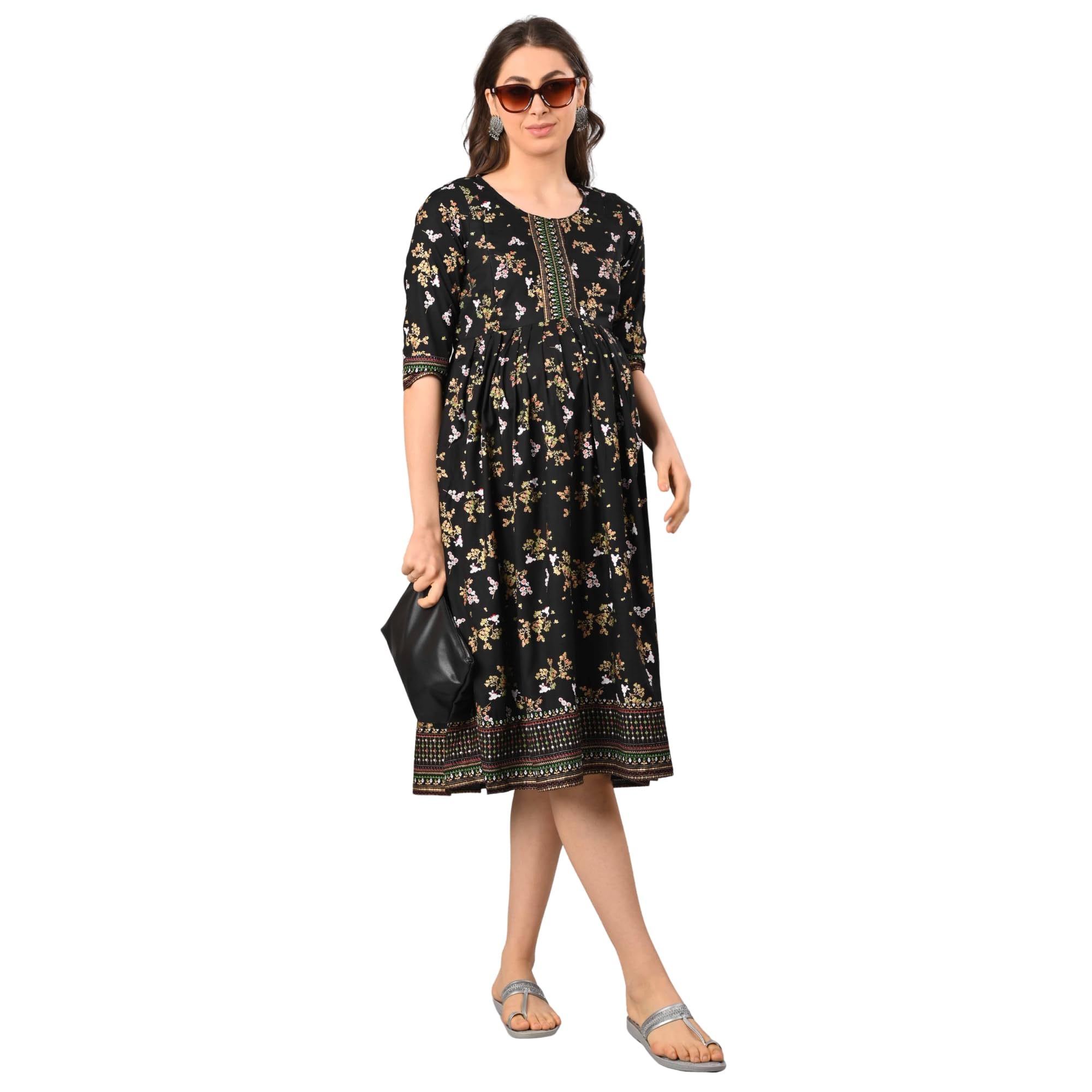 Women’s Maternity Feeding Designer Dress | Zipless Nursing Wear for Breastfeeding Moms | Soft Comfortable Pregnancy & Post-Delivery Dress for Daily Black Border_P-image-33