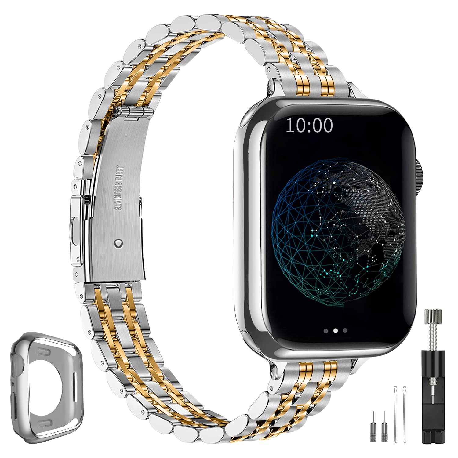 QUNDAXI Gold Apple Watch Band Compatible with Apple Watch 41mm 45mm 42mm 44mm 40mm 38mm Metal stainless steel Watchband suitable for iWatch 8/7/6/5/4/3/2/1/SE series Women Luxury strap (38mm 40mm 41mm, Silver and Gold)