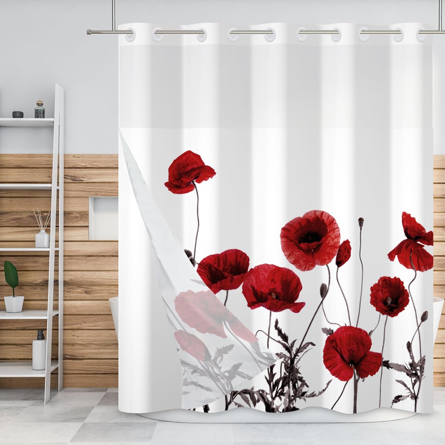 Baocicco Red Poppy Hotel Style Shower Curtain with Snap in Liner Aesthetic Floral Plants Double Layers with See Through Mesh Top Window Modern Fashion No Hook Shower Curtain 71x83 Inch