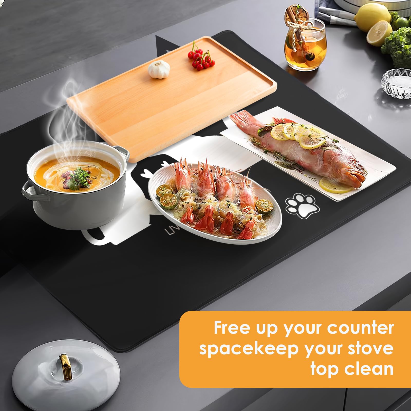 Tapis Pour Plaques à Induction 62x53cm, Antidérapant Protection Plaque Induction, Couverture De Table De Cuisson Électrique, Protege Plaque Induction Silicone Avec 2 Crochets Pour Poêle En Verre