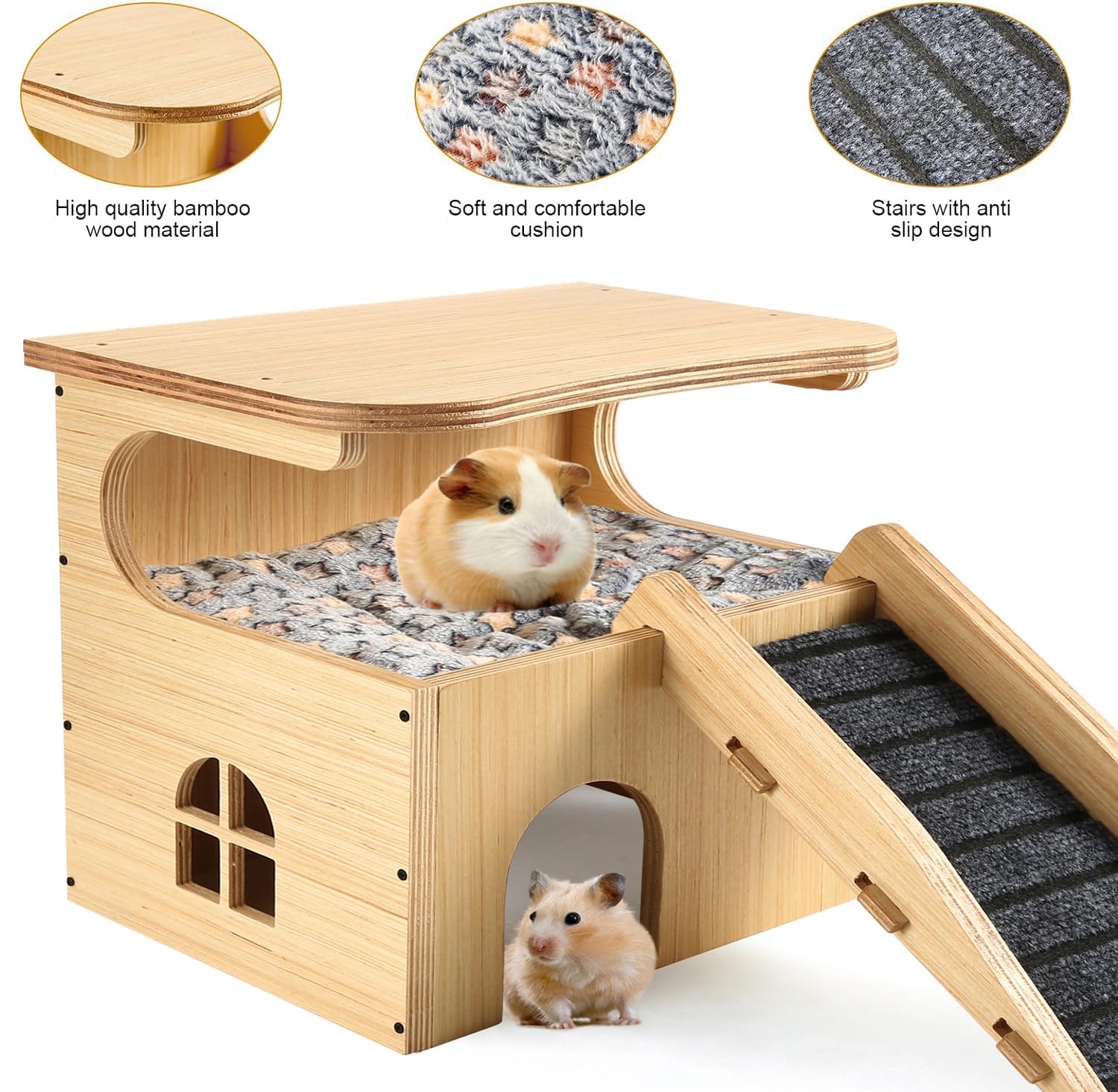 Verbessertes verdicktes Brett aus Holz für Meerschweinchen, Schloss – geräumiges und langlebiges kleines Haustierhaus mit Treppe und Matte für Meerschweinchen, Chinchillas, Ratten, Hamster