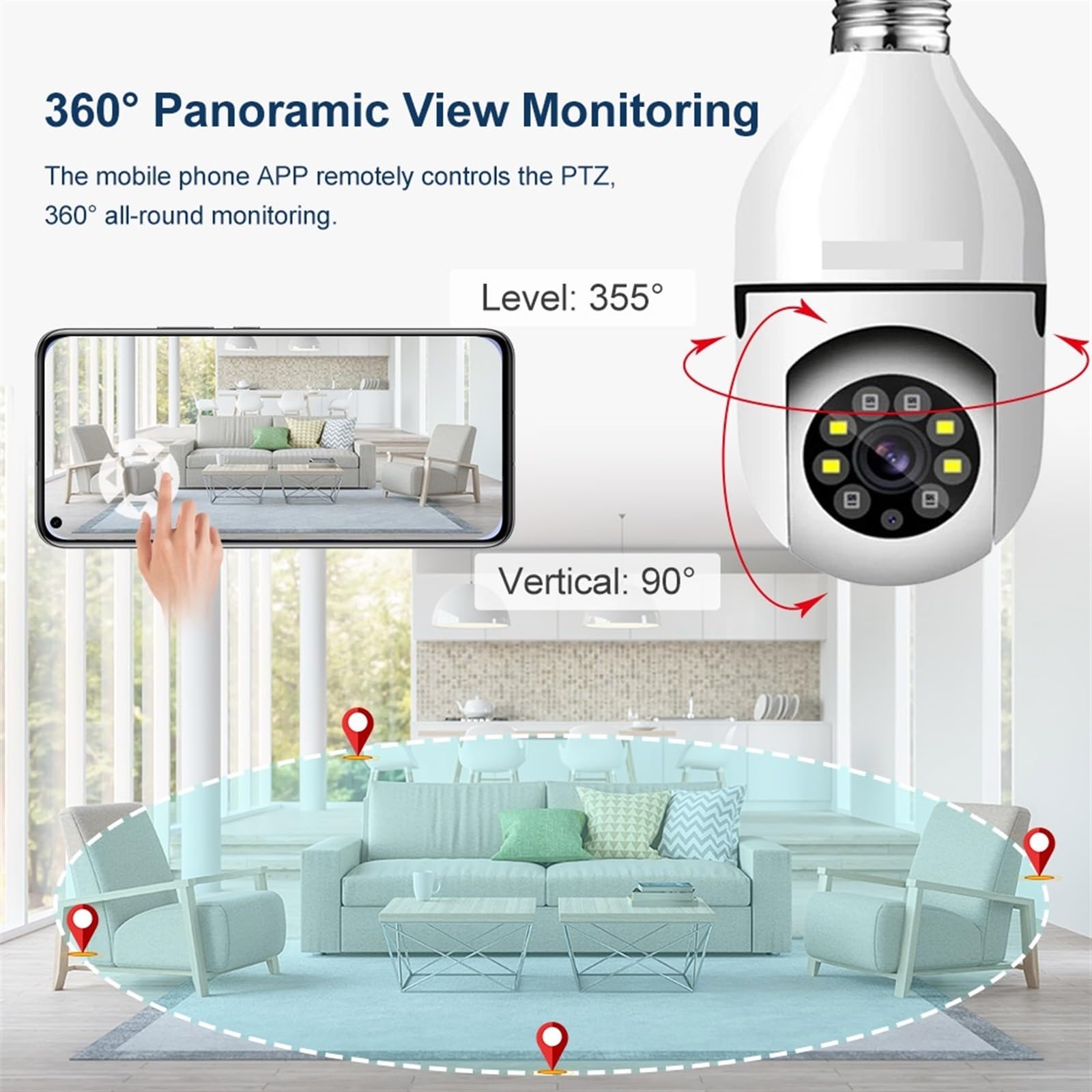 Telecamera Wifi Esterno, 1080P HD Wireless Lampadina Telecamera di sicurezza Visione notturna a colori Audio bidirezionale Tracciamento automatico Telecamera PTZ domestica ,Sicurezza, Antifurto(1080P