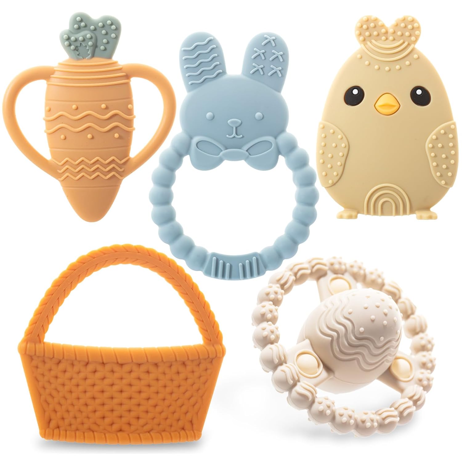 Easter Bunny Teether Set, Bunny, Carrot, Chicken, Rattle Egg & Easter Basket Baby Teething Toys Easter Teethers Toys for Babies - Blue (Blue) Thumbnail