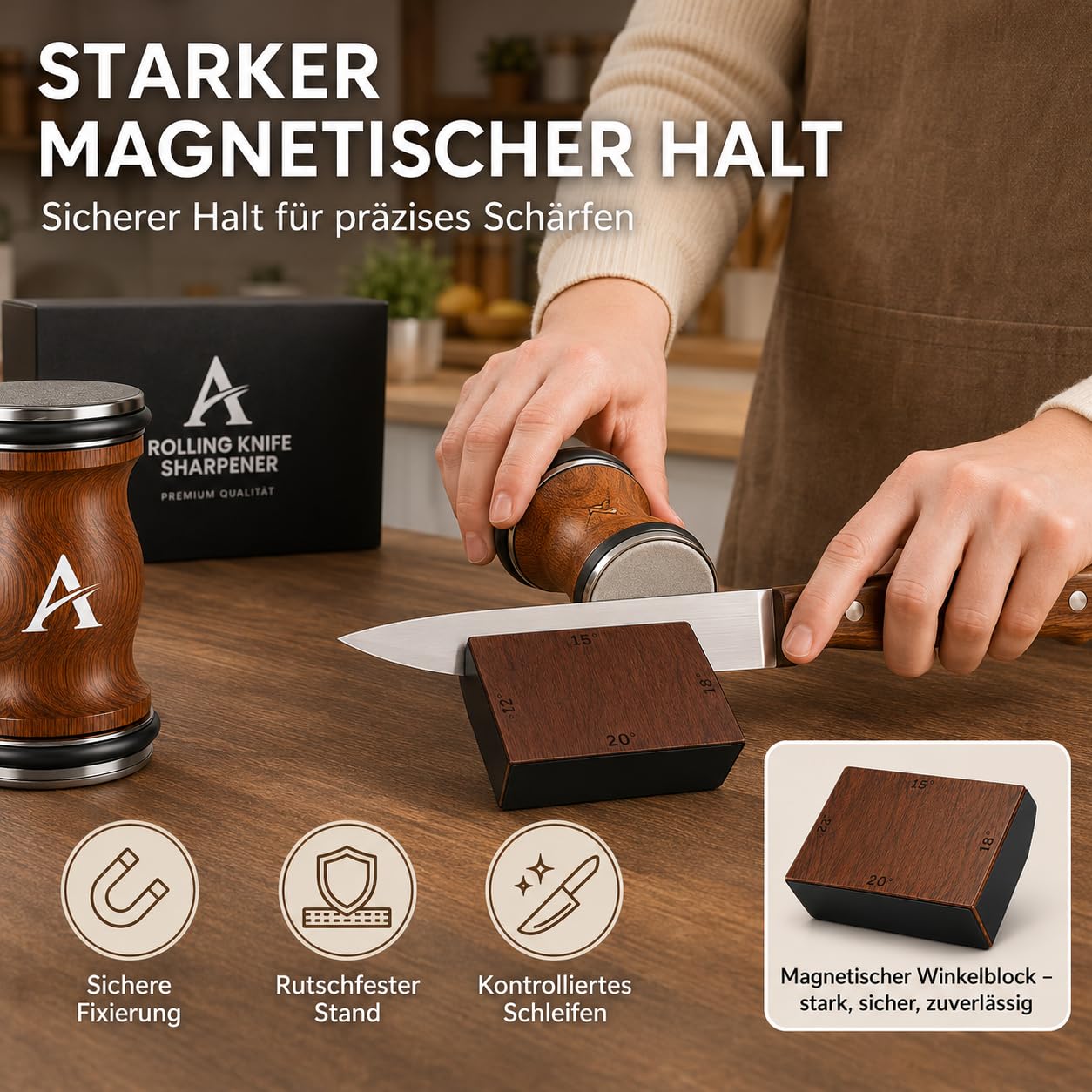 Pro Messerschärfer Bester, Mehrere Blickwinkel Magnetischer Rollschleifer Set - Messerschleifer mit Industriediamant, 15&18&20&22 Grad Schleifwinkel, Küchenmesserschärfer für Alle Stahlhärten