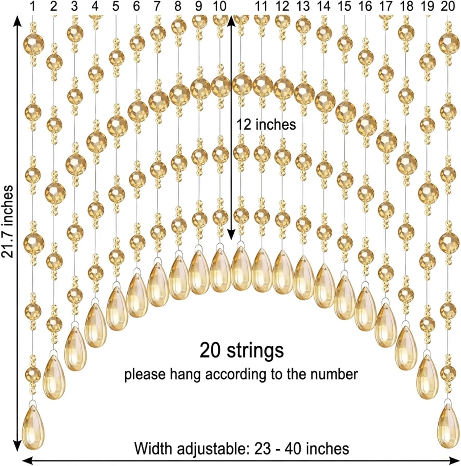 20 Strings Crystal Beaded Curtain, Arched Doorway Hanging Beads Curtain with Teardrop Pendants, Champagne Color Decorative Room Divider for Doorway, Living Room, Bedroom