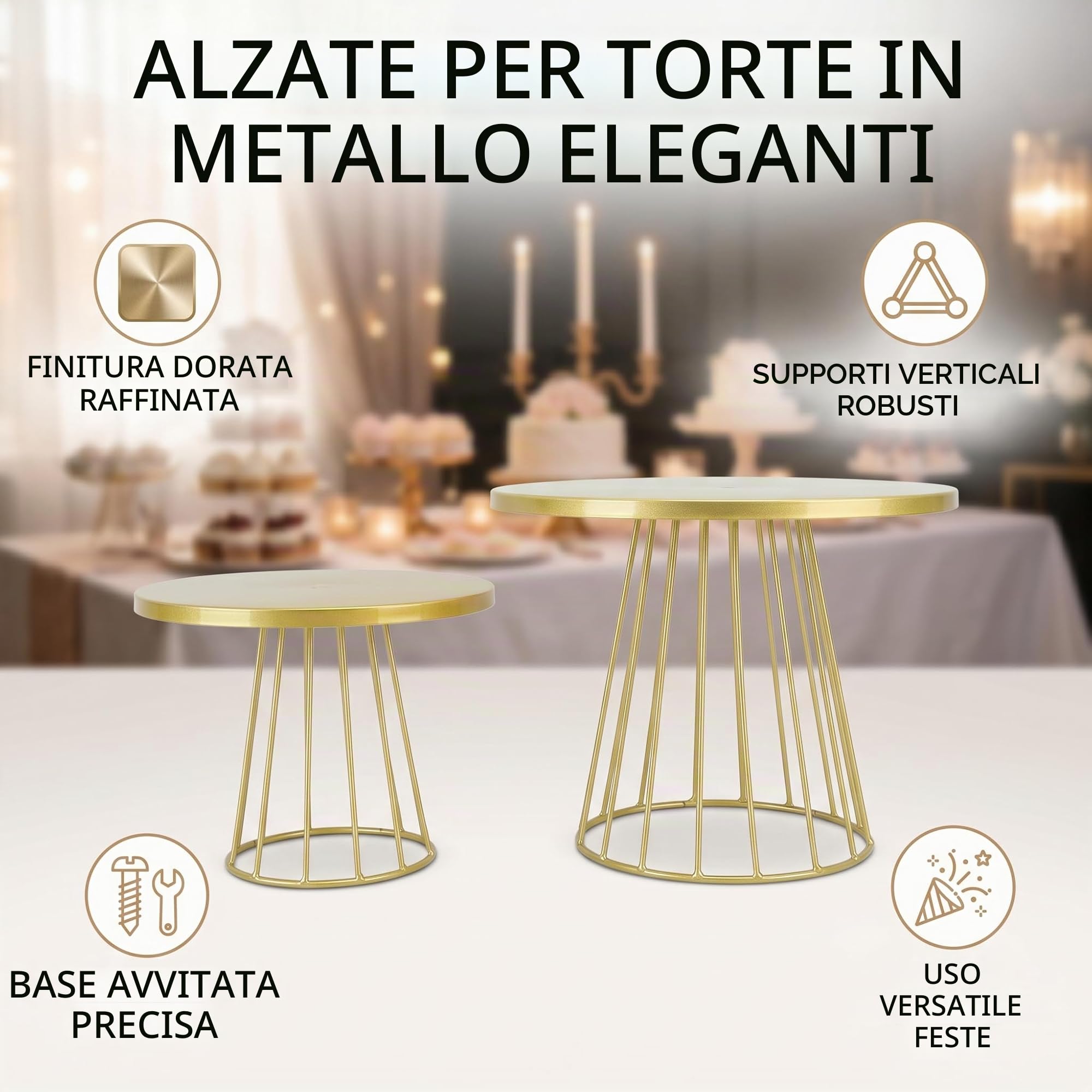 Alzata per Torte in Metallo, Supporto Torta Rotondo Multifunzione per feste, matrimoni, squisite decorazioni per la tavola da dessert rotonde in oro