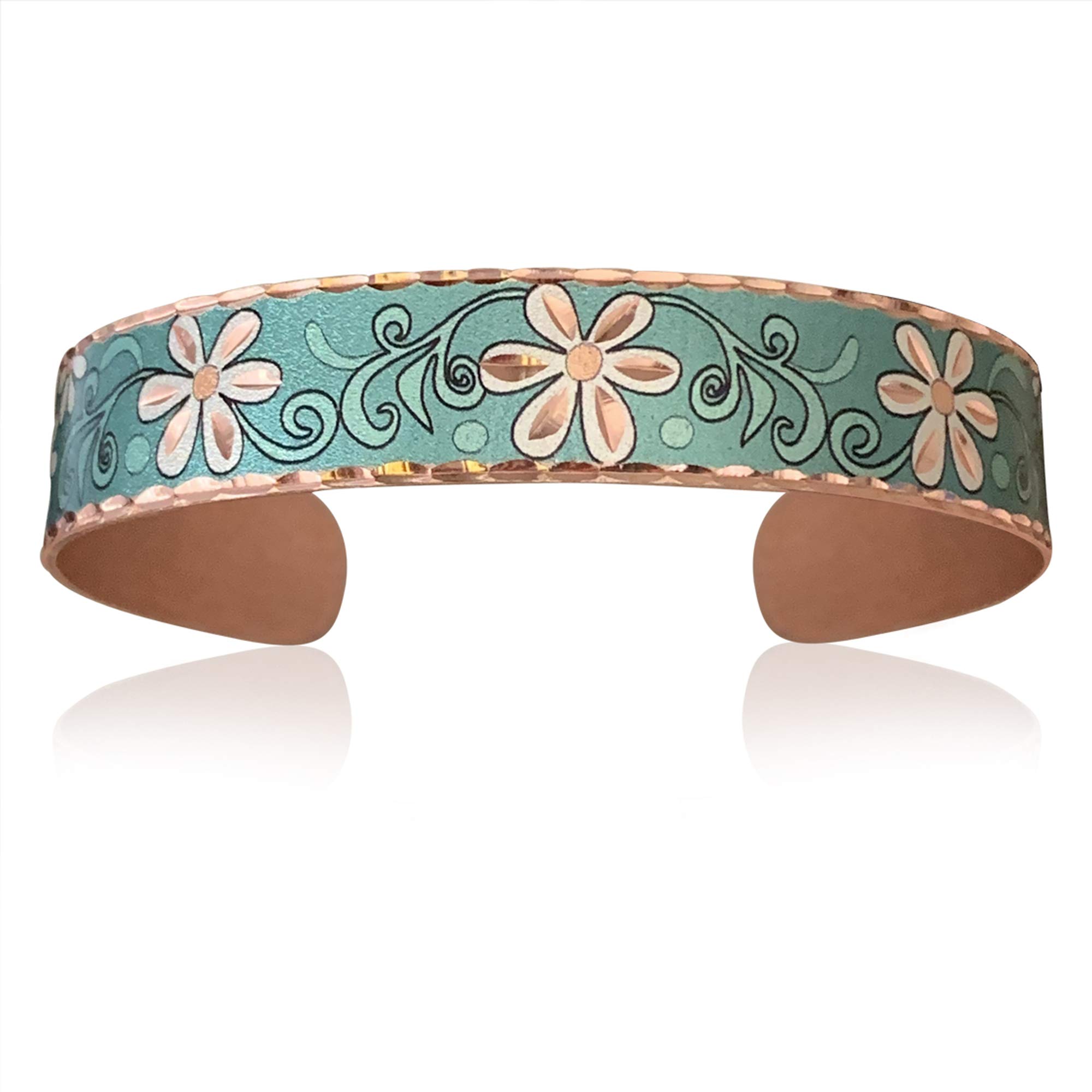 Women's Artisan-crafted Daisy Flower Bracelets Feature Open-ended Copper Green Bracelets Cuff Design - Beautiful Flower Cuff