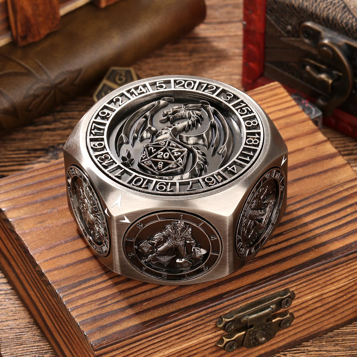 DND D&D - Juego de dados de juguete (8 en 1) | D&D Spinner D&D - Juego de mesa con diseño de dados giratorios en 3D, incluye caja de regalo, color plateado oscuro