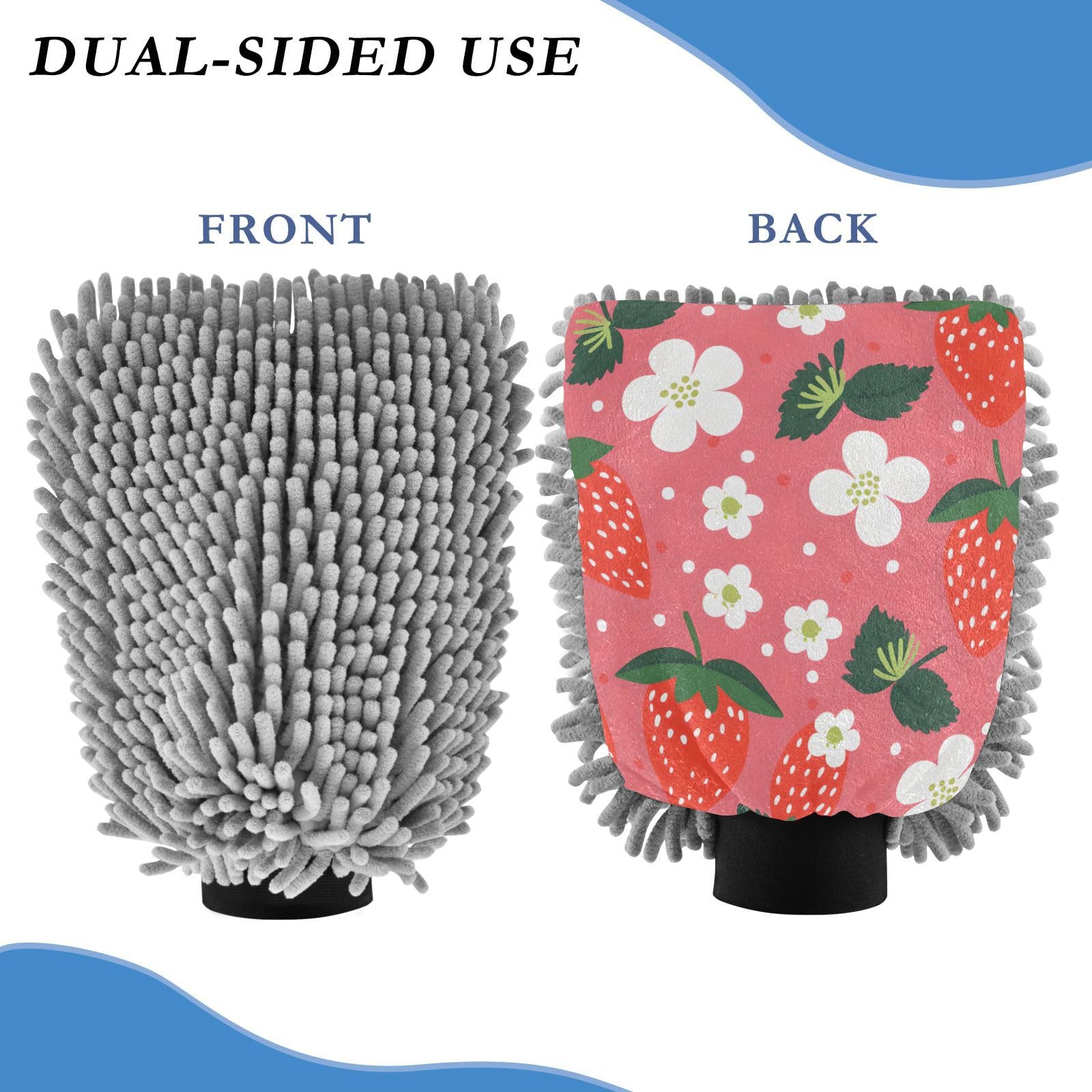 IOACIY Absorbent Microfiber Car Wash Drying Mitts, 2 Pack, Scratch-Free & Lint-Free, Rich Foam, Highly Absorbent, Double Sided, Wash Mitt Perfect for Car Washing, L, Cute Strawberry (1)