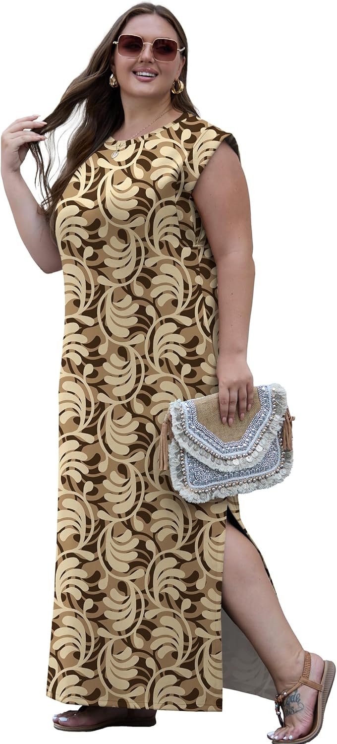 OLRIK Plus Size Maxi Dresses for Curvy Women 2026 Summer Casual Cap Sleeve Split Long Dress with Pockets Loose Fit