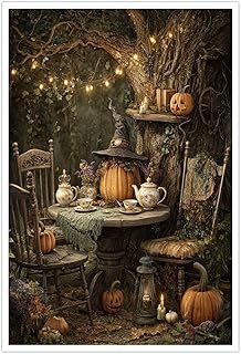 Vintage Fall Wall Art Whimsical Pumpkin Witch Tea Party Poster Canvas Pr...