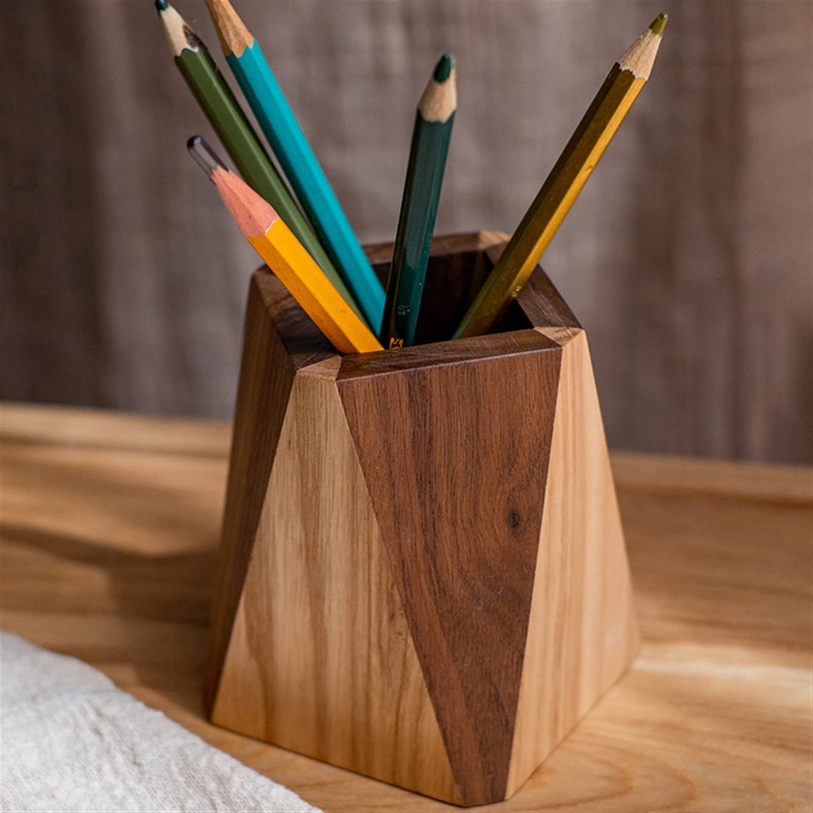 Pot à crayons en bois naturel de frêne vintage pour bureau, bureau et maison