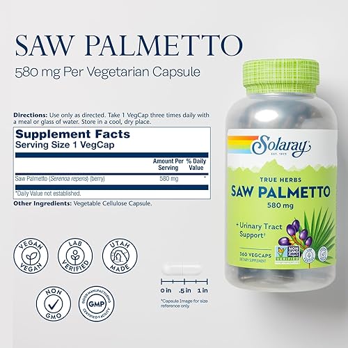 Vista 2 de SOLARAY Saw Palmetto Berry 580 mg - Apoyo saludable para próstata y tracto urinario - con ácidos grasos y esteroles vegetales para hombres y mujeres