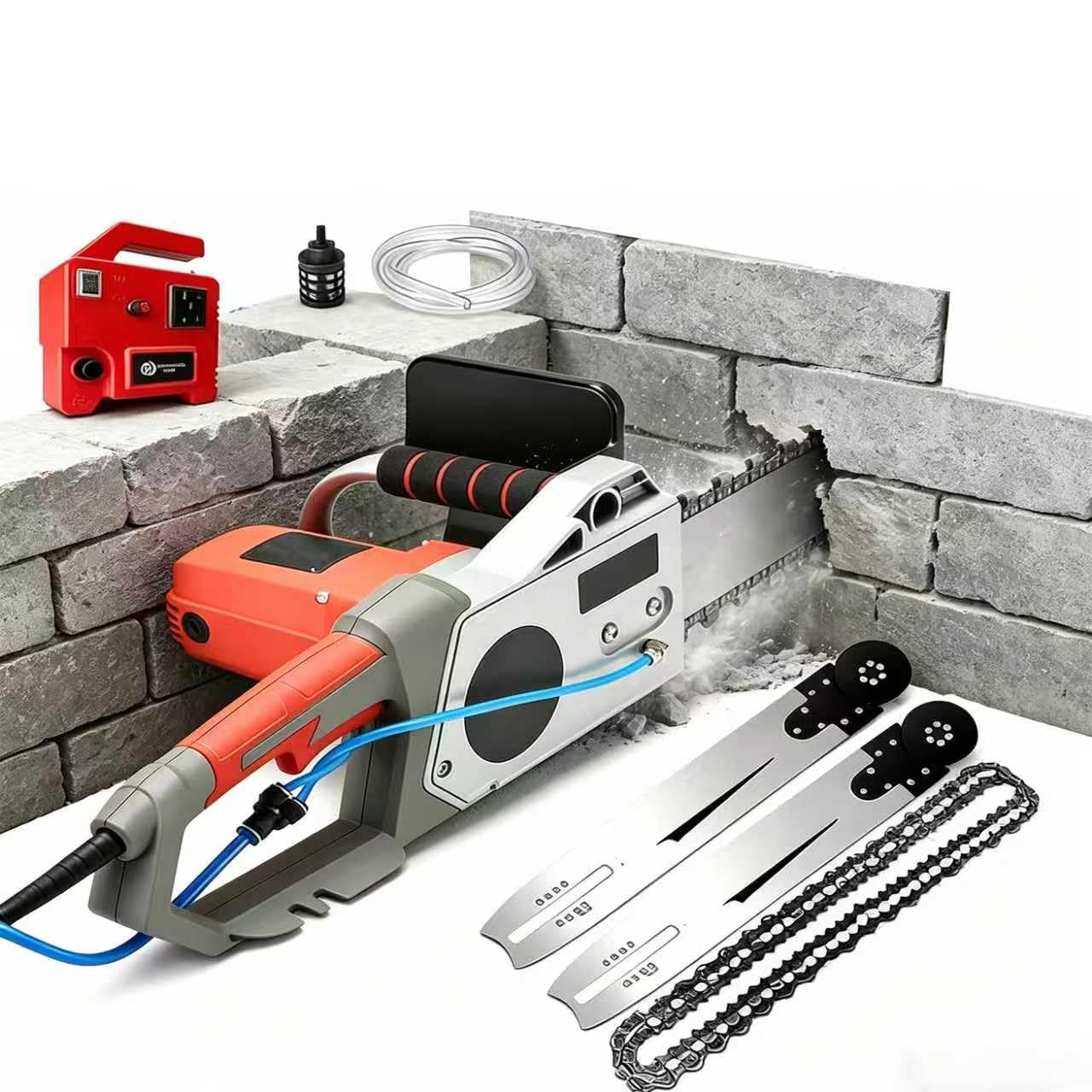 Motosierra con Bomba de Agua, Motosierra de Hormigón, 2 Cadenas y 2 Barras Guía, Profundidad de Corte de 35 cm 48 cm, 6000RPM, para Paredes de Ladrillo y Cemento (35cm)