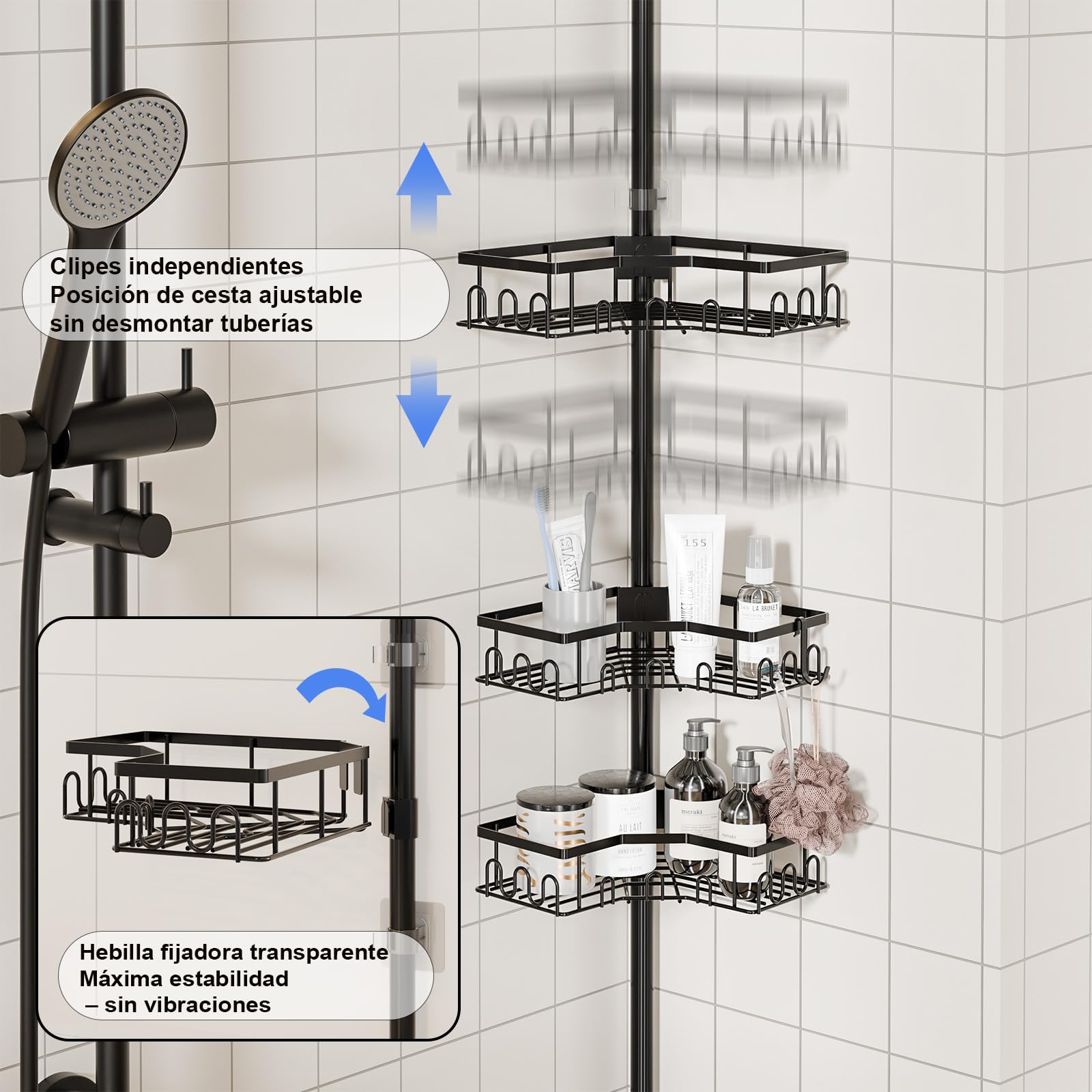 Telescópica Estantería Ducha - Altura Ajustable 86-298 CM, Estanteria baño Sin Taladro, Esquina Estante Ducha, Estanteria Ducha Telescopica con 4 Cestas para Bañera y Baño，Negro | Altura ajustable, 86-298 cm, 4 estantes, estante de ducha organizador
