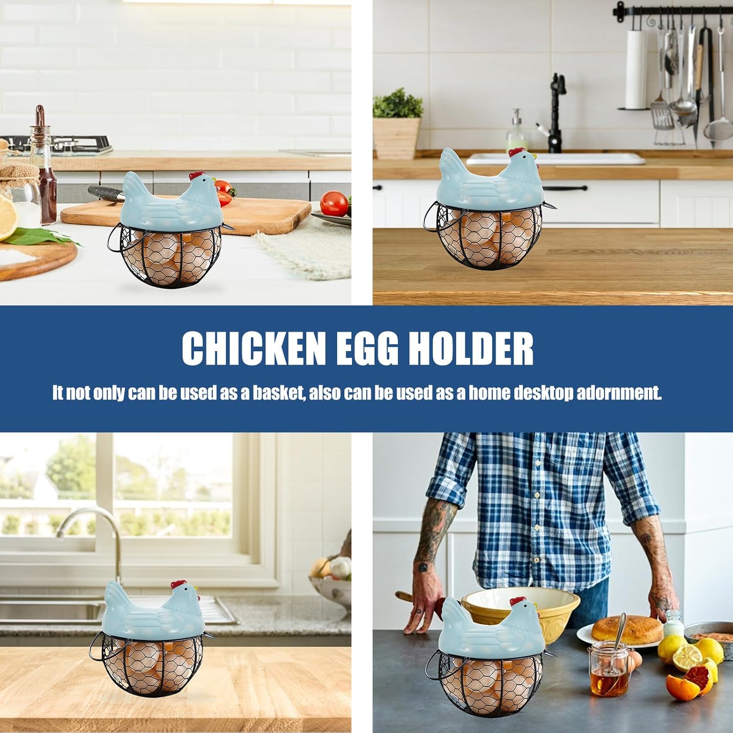 Iron Egg Storage Basket with Chicken Design, Small Blue Iron Snack Basket for Kitchen Countertop Organization and Decorative Home Storage