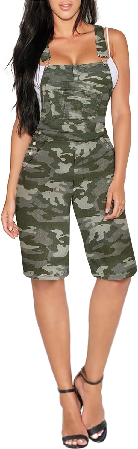 Hybrid & Company Womens Leisure Adjustable Straps Stretch Bermuda Short Denim jumpsuits Overalls