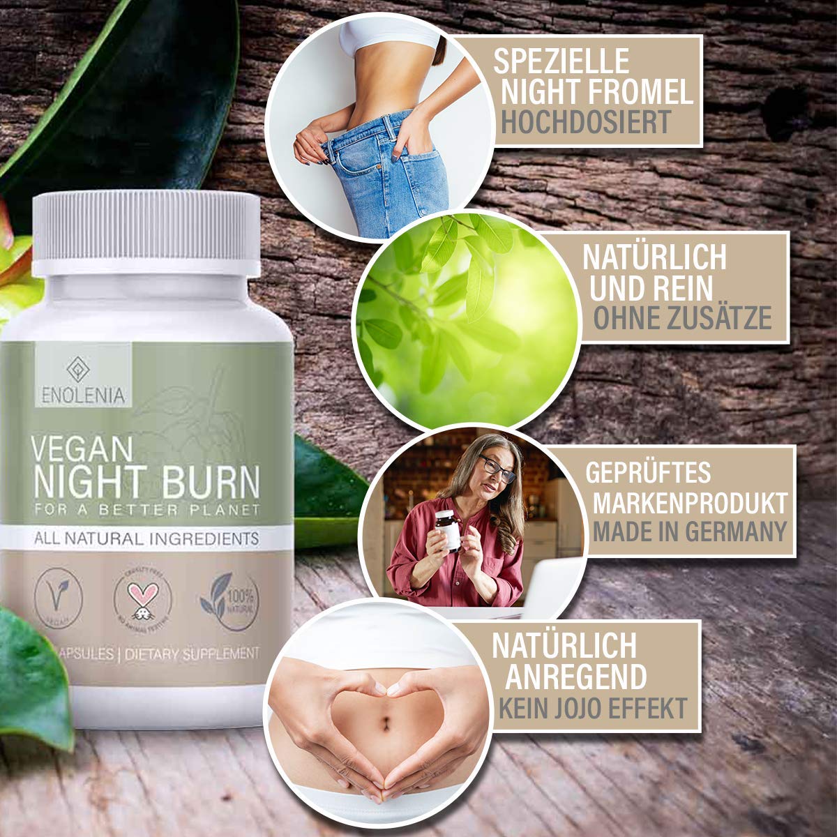NEU: Enolenia® NIGHT F-BURN Kapseln VEGAN - 1 Kapsel pro Nacht mit Garcinia Cambogia Extrakt - für Männer & Frauen, schnell + Hochdosiert - aus hochwertiger Produktion in Deutschland (1x)