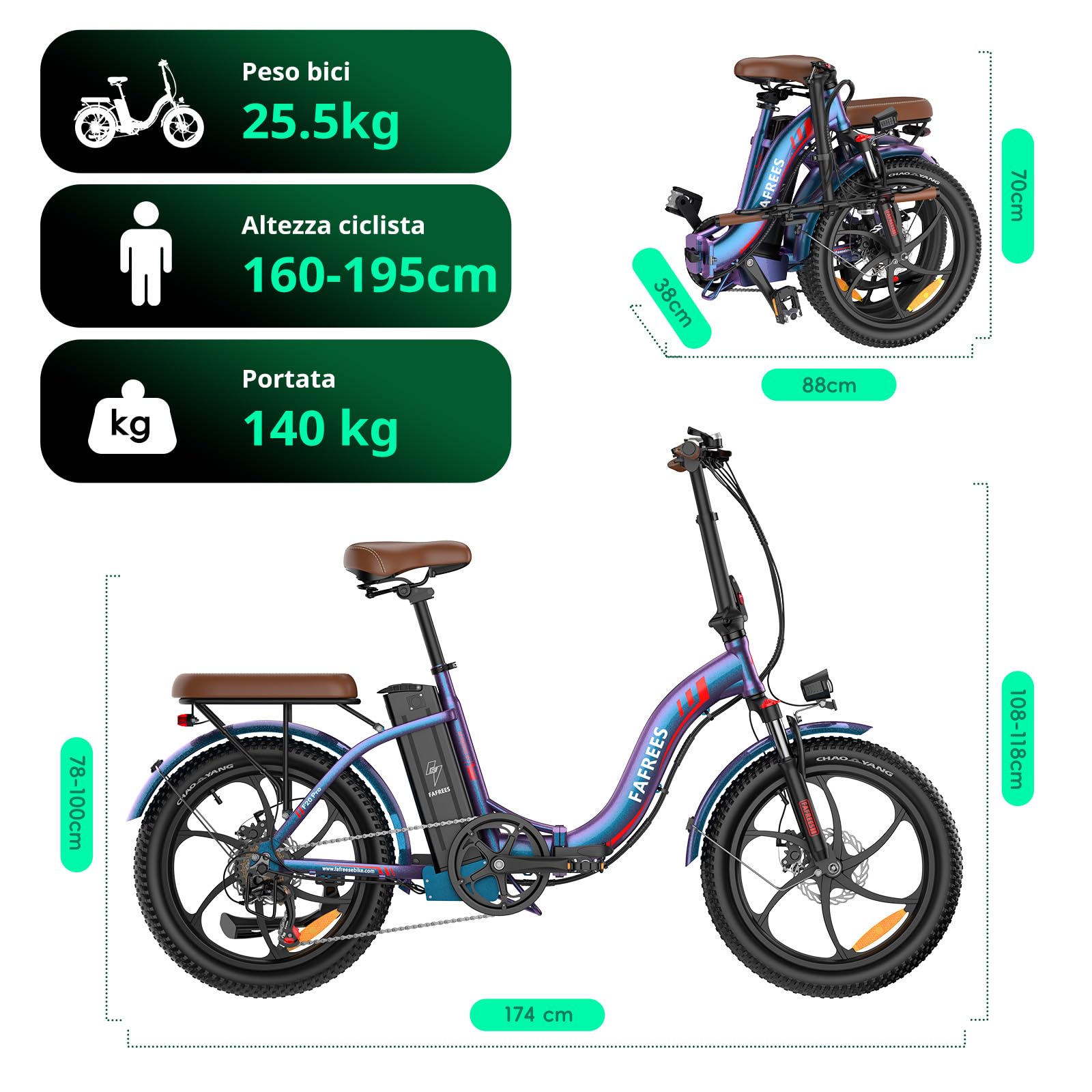 Fafrees Bici Elettrica Pieghevole 36V/20Ah Batteria Rimovibile Bicicletta Elettrica, 20"×3.0 Fat Tire, 7 Velocità, Autonomia di 70-150km Fat Bike Ebike per Adulti, con Schermo LCD