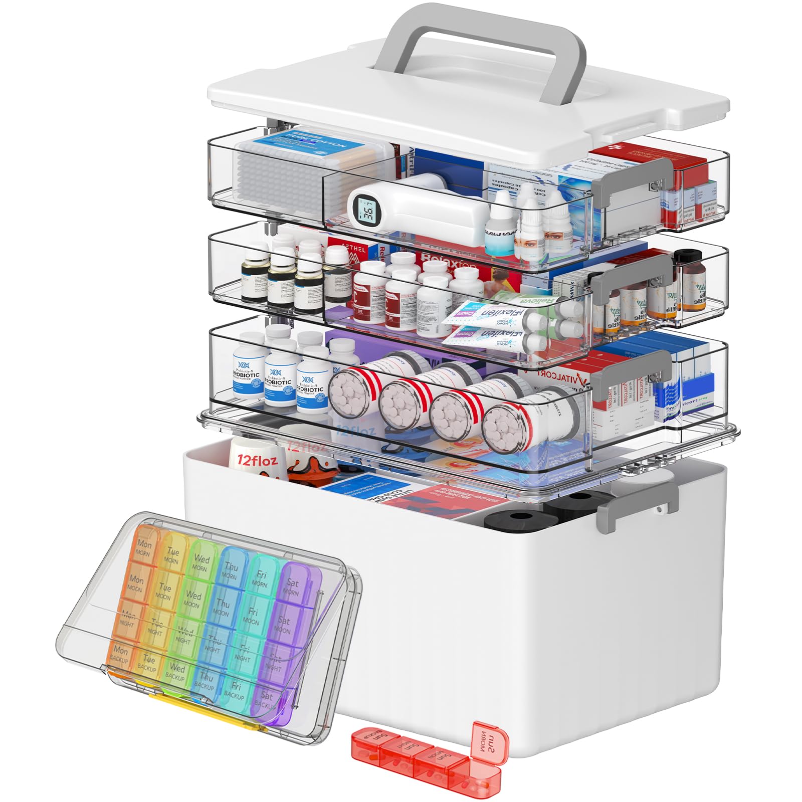 Lifewit Medicine Storage Box with Travel Pill Organiser, Plastic Empty First Aid Organizer with Handle, Suit for up to 18cm Tall Bottle, Medical Cabinet, 4 Tier