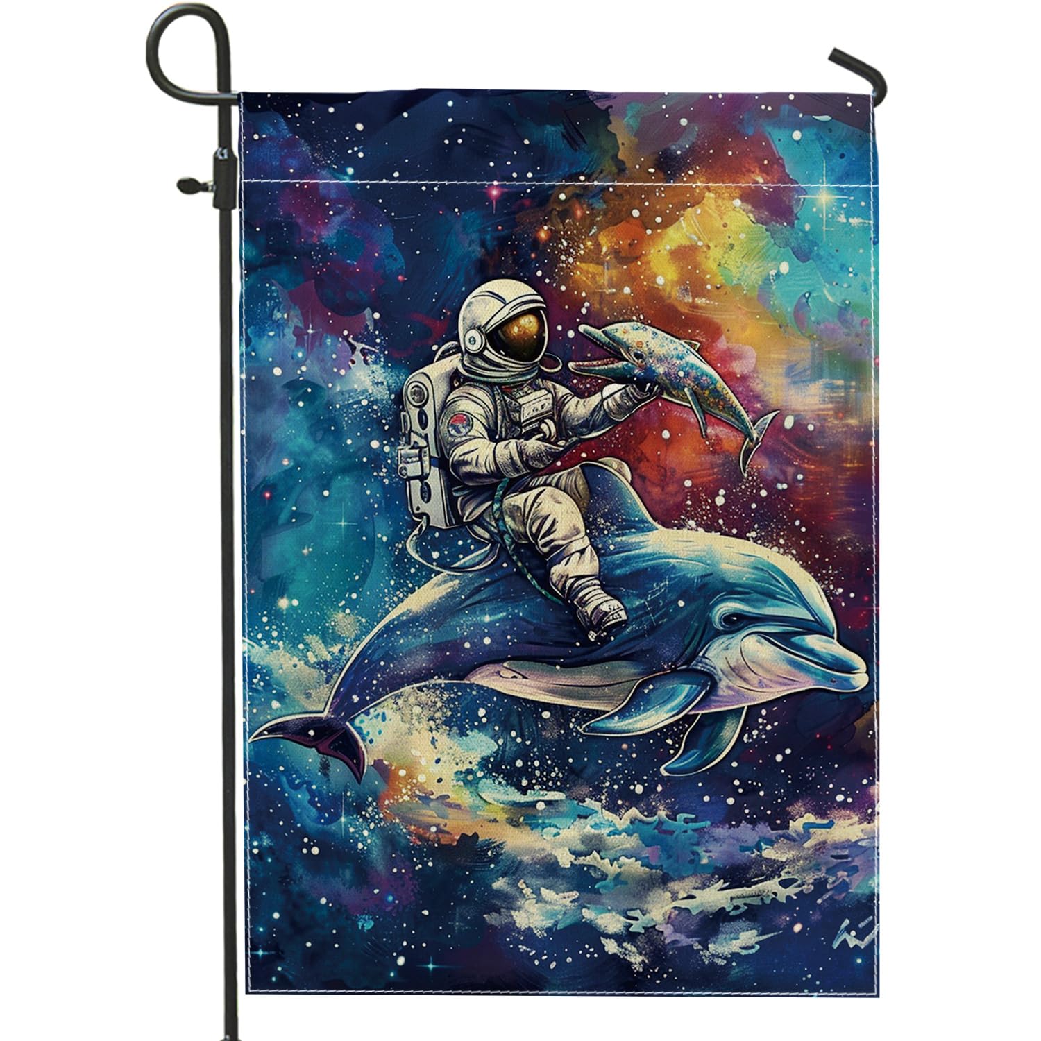 Astronaut Dolphin Garden Flag, Colorful Cosmic Space Decor Banner, Seasonal Fantasy Garden Flag, Double Sided Outdoor Lawn Home Decoration 12x18 Inch